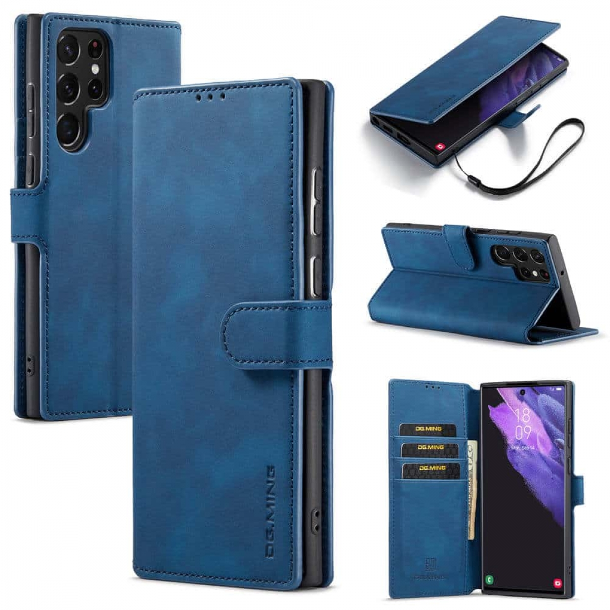 Blaue Handyhülle mit Telefon. Mehrere Ansichten: offen, geschlossen, mit Karten.