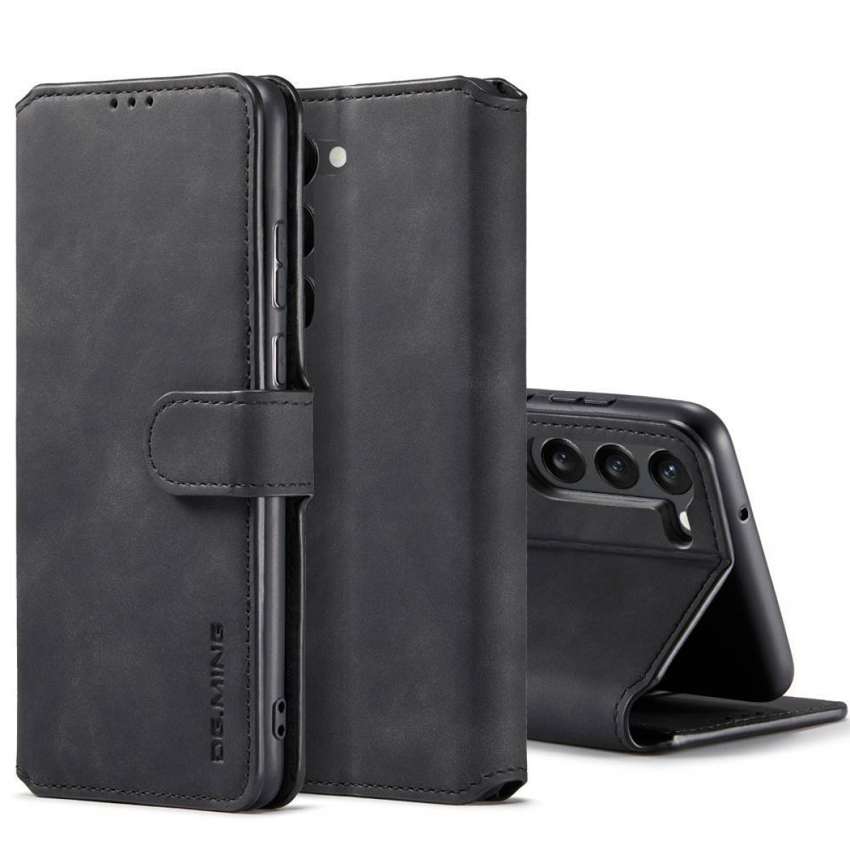 Ein schwarzes Telefon-Case, geöffnet, mit einem Telefon darin und dem Markennamen DG.MING.