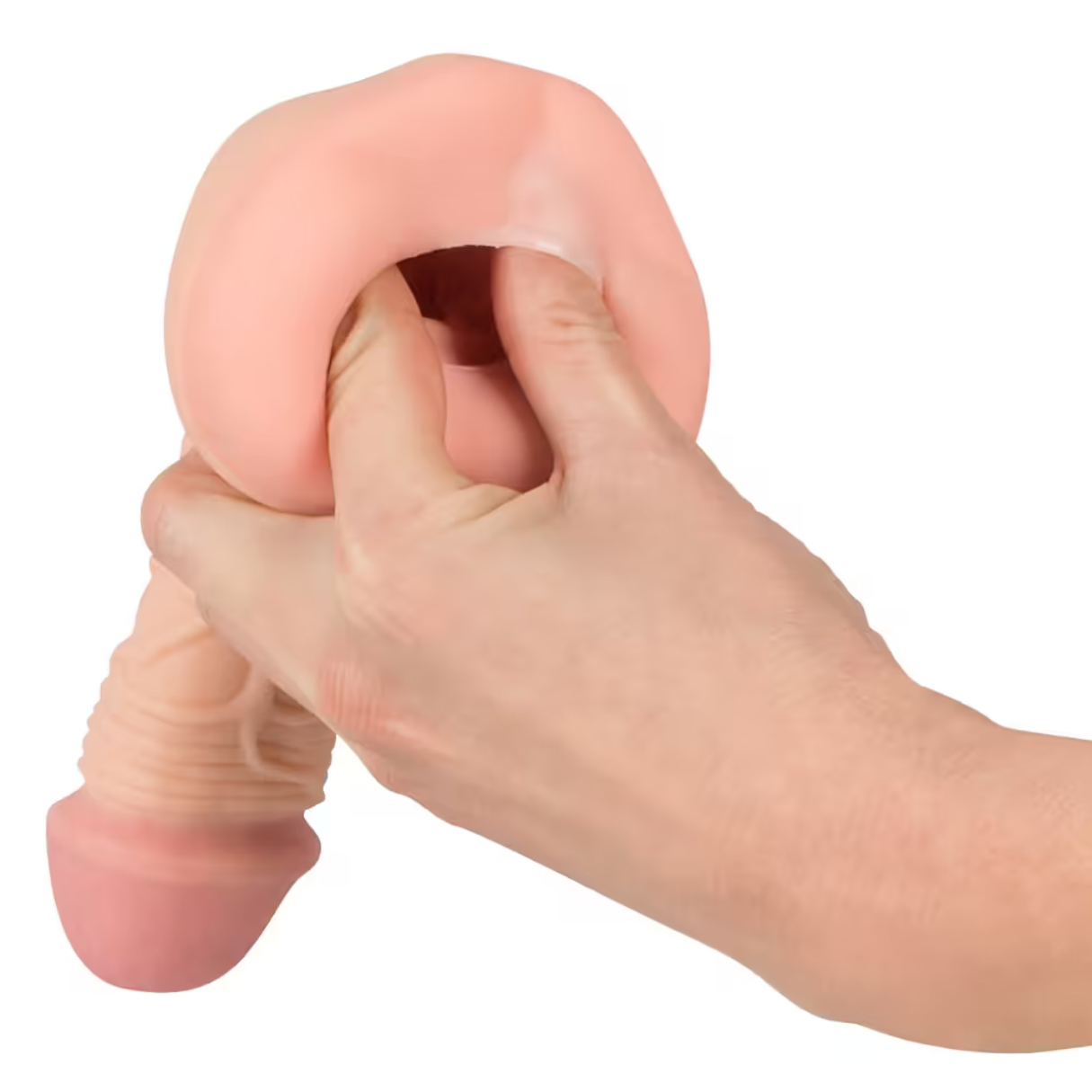 Eine Hand hält ein rosa Fleshlight. Das Gerät hat ein Loch. Die andere Hand hält die Basis.