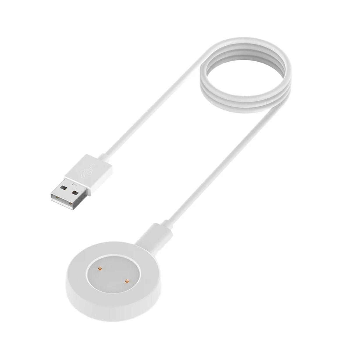 Biała ładowarka do smartwatcha ze złączem USB na białym tle.