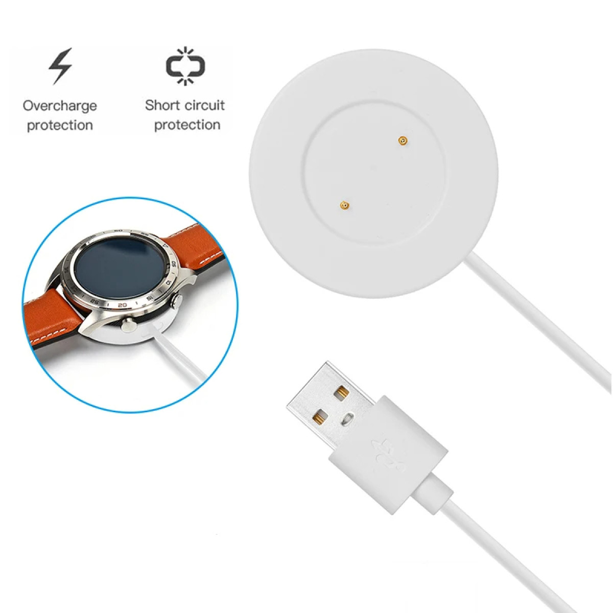 Smartwatch z ładowarką i kablem USB. Ikony ochrony przed przeładowaniem i zwarciem.