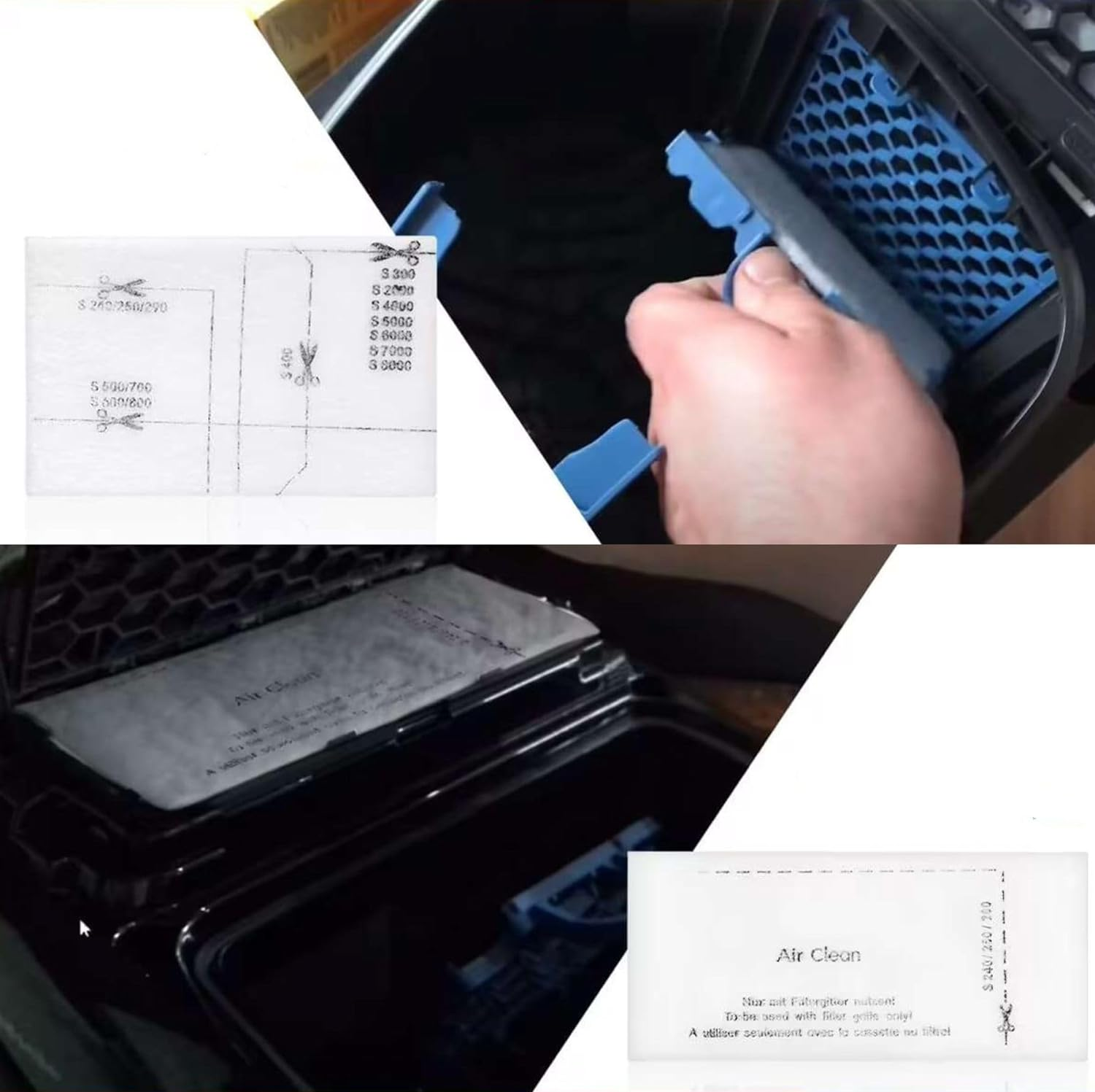 Obraz pokazujący filtr powietrza i instrukcje.