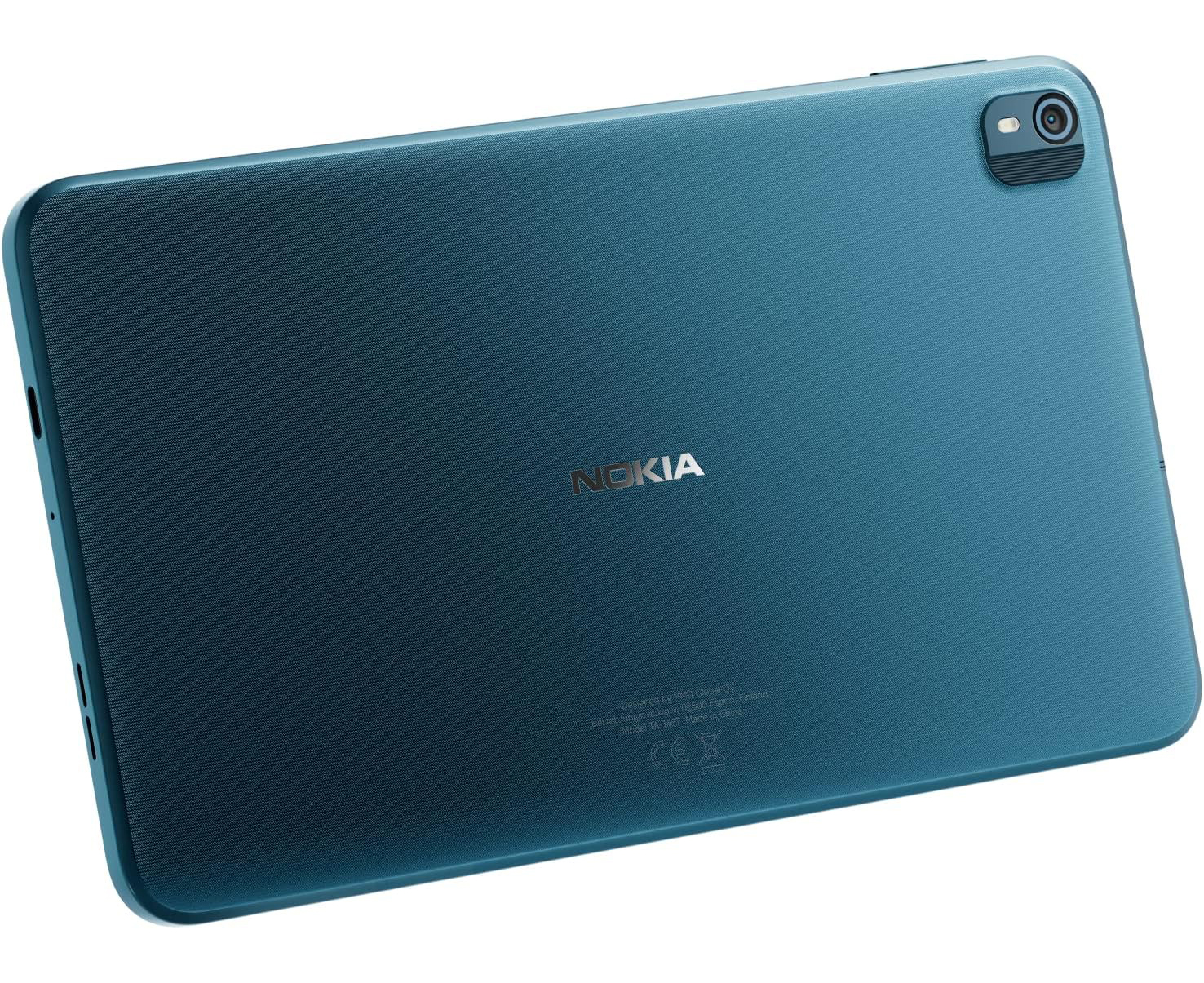 Die Rückseite eines blauen Nokia-Tablets mit Kamera und Markennamen.