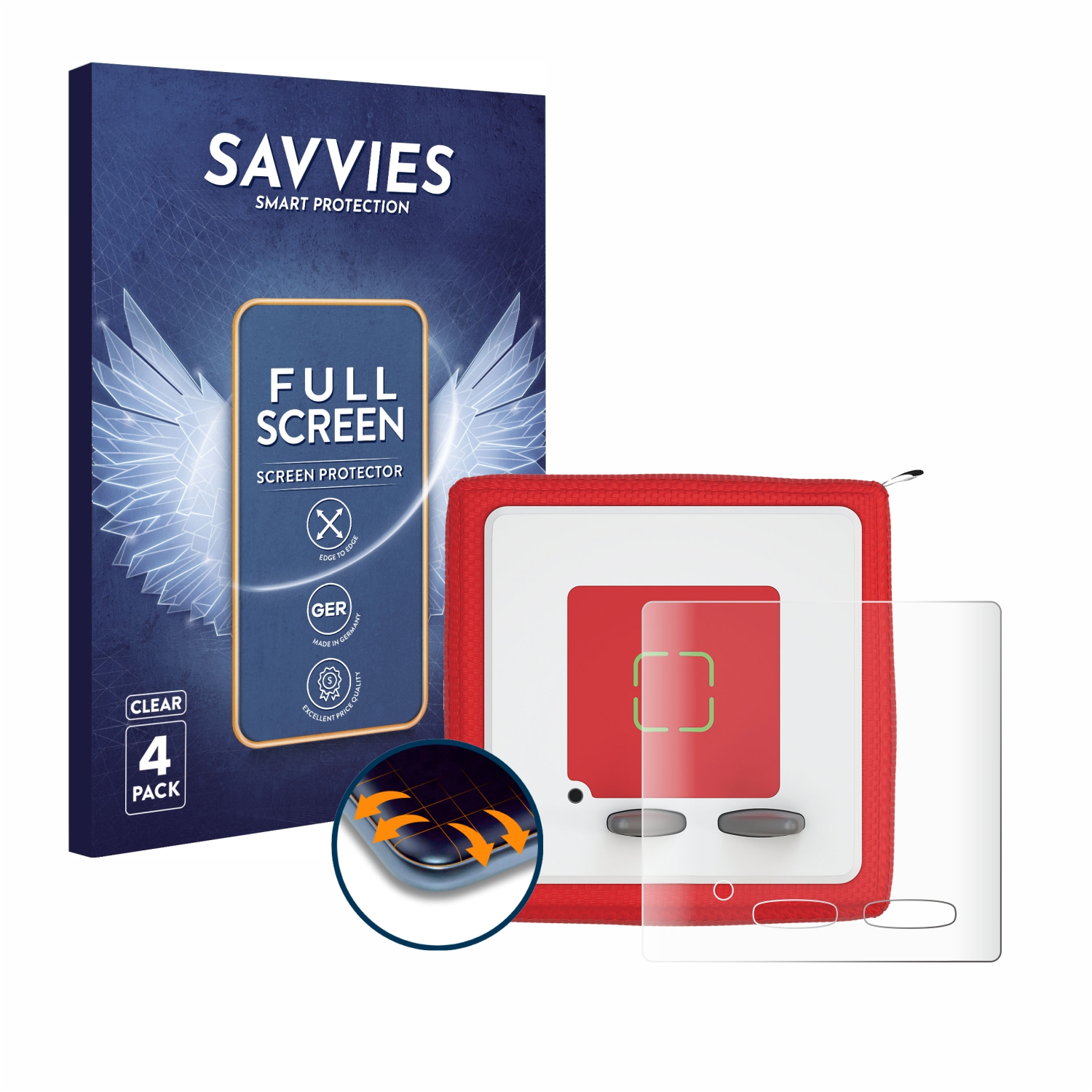 Ein Displayschutzfolien-Set und ein rotes Gerät mit Bildschirm. Links eine Box mit 4 Packungen.