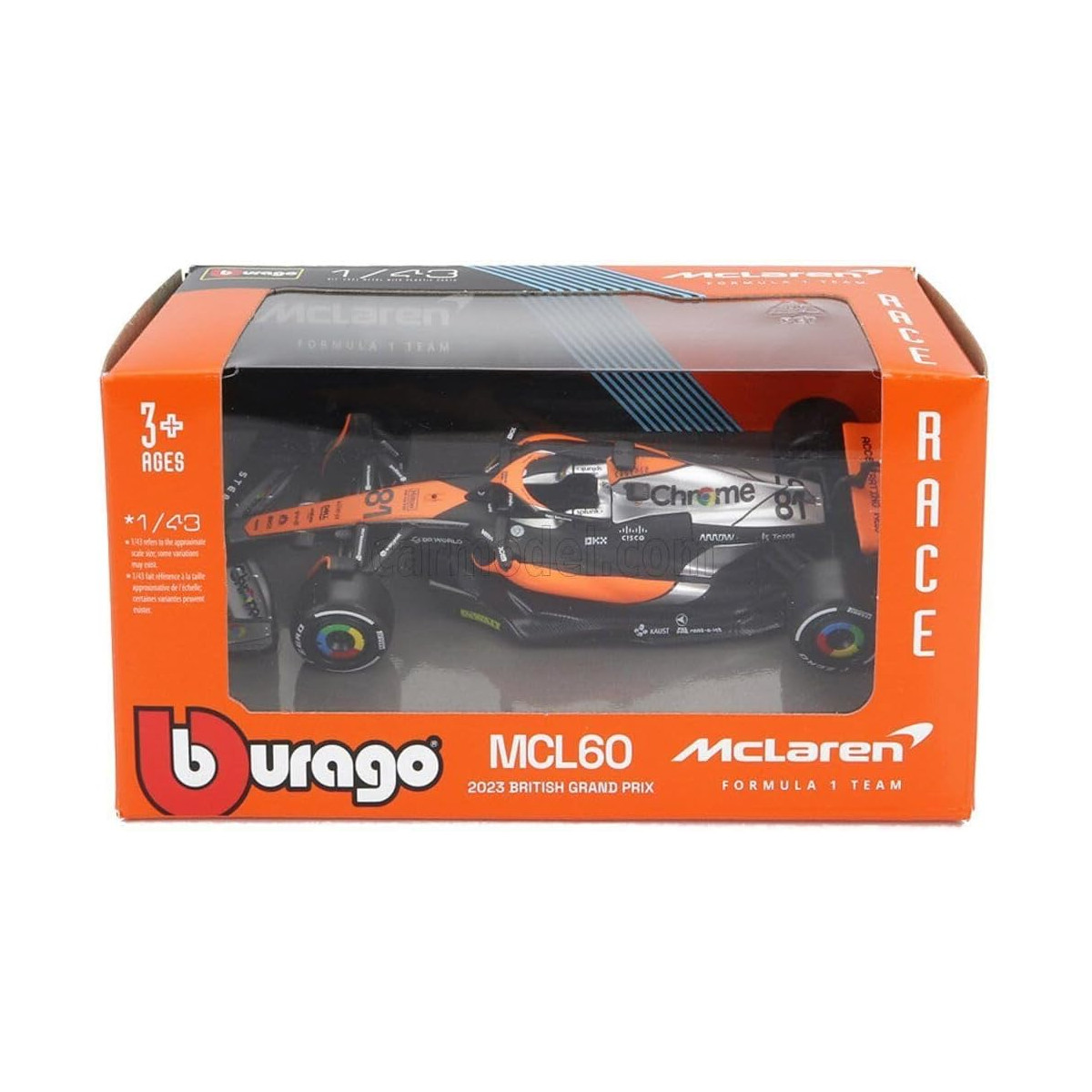 Burago McLaren MCL60 Modellauto in Verpackung, orange-schwarzes Design.
