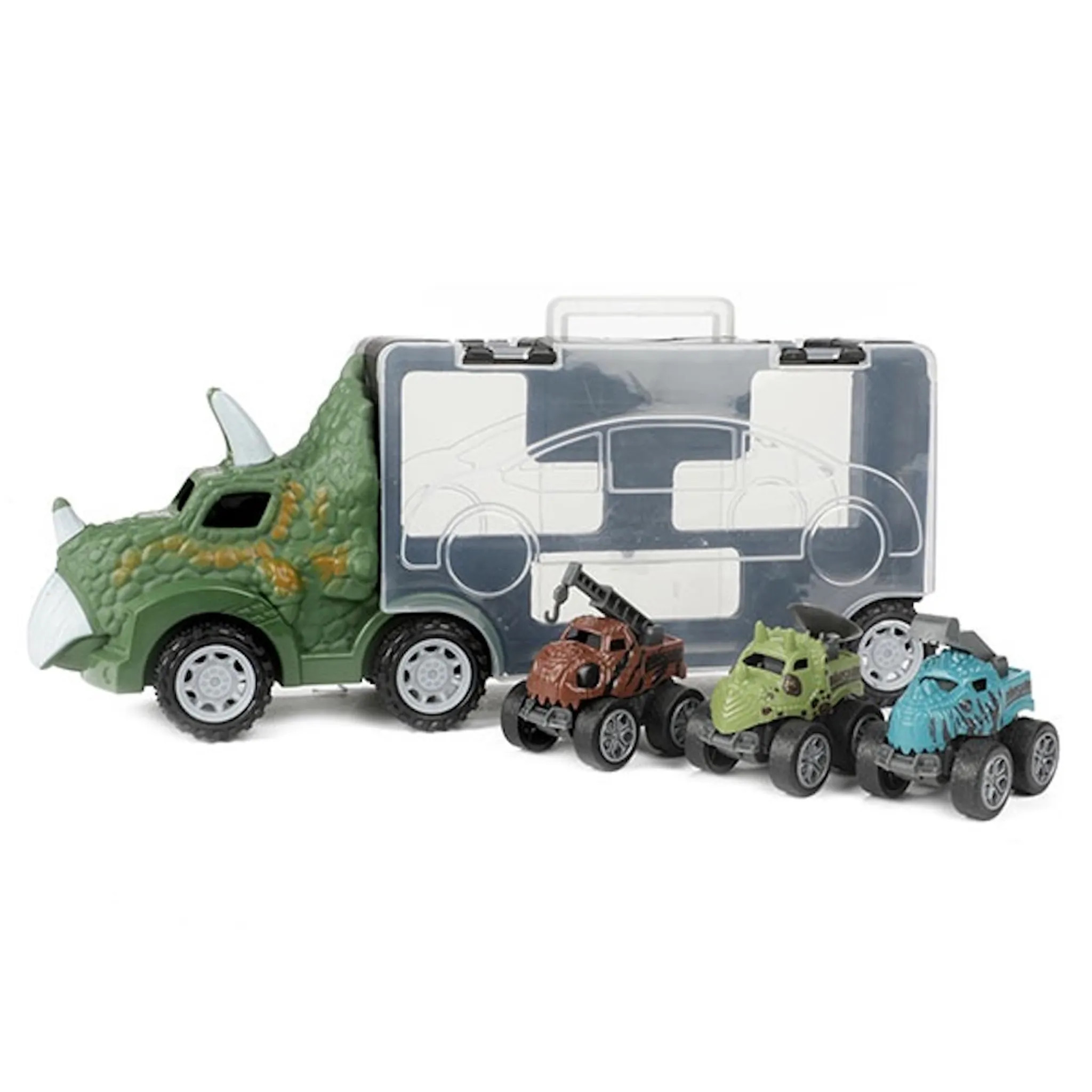 Spielzeug-Dinosaurier-Truck mit drei Mini-Monster-Trucks und einer Tragetasche.