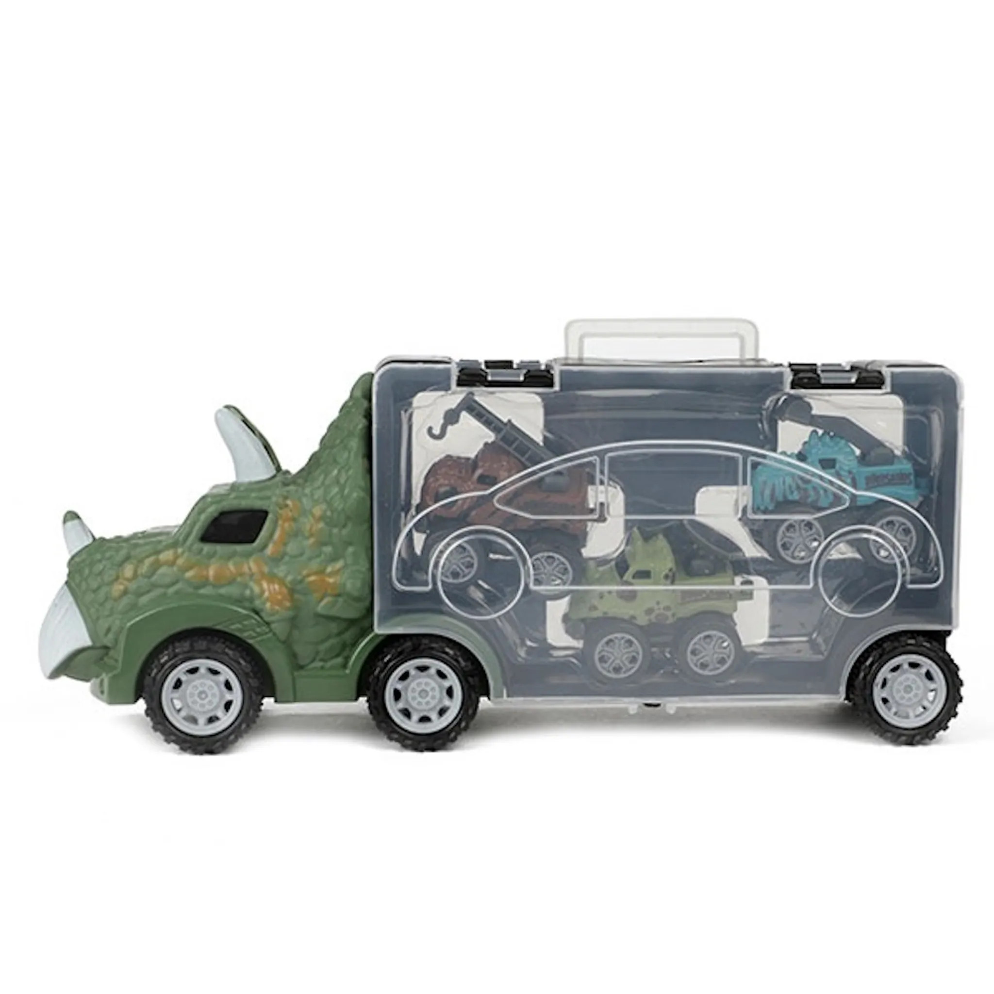 Grüner Dinosaurier-Truck mit Spielzeugautos in einem transparenten Behälter.