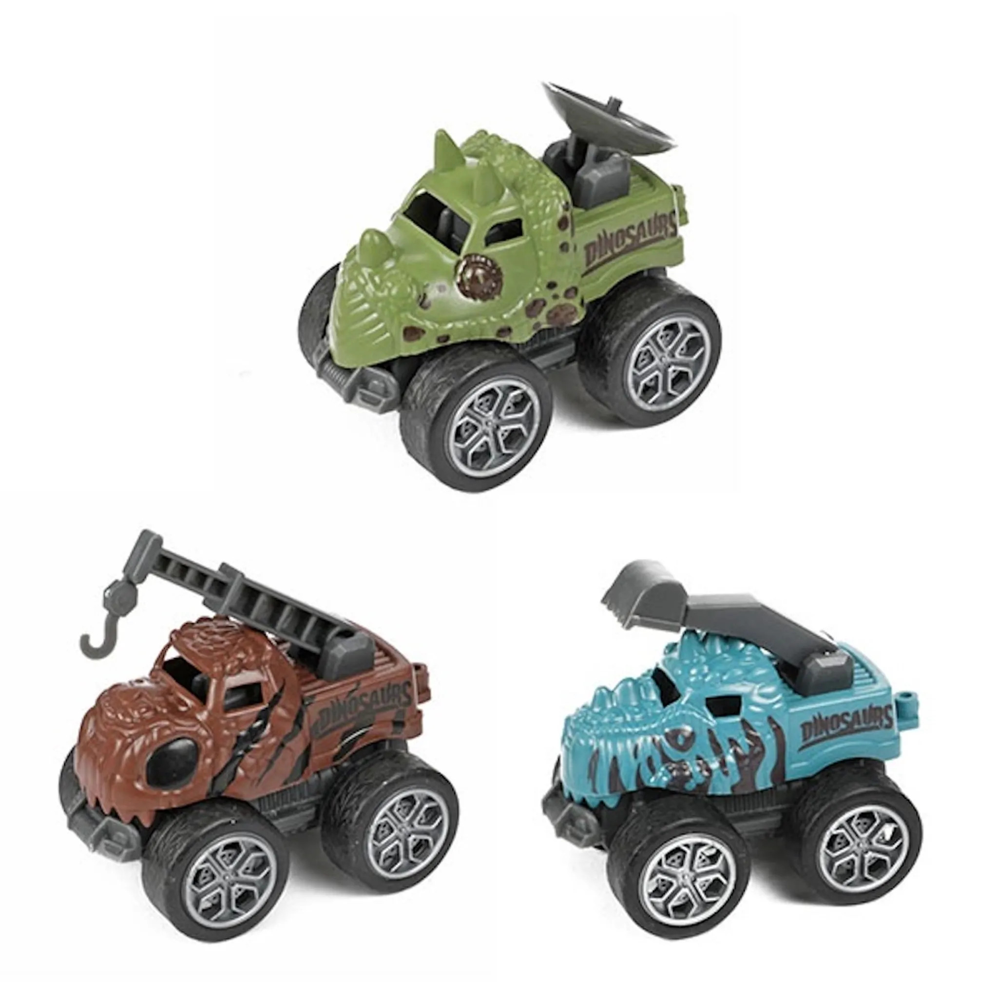 Spielzeug-Dinosaurier-Trucks, grün, braun und blau. Weißer Hintergrund.