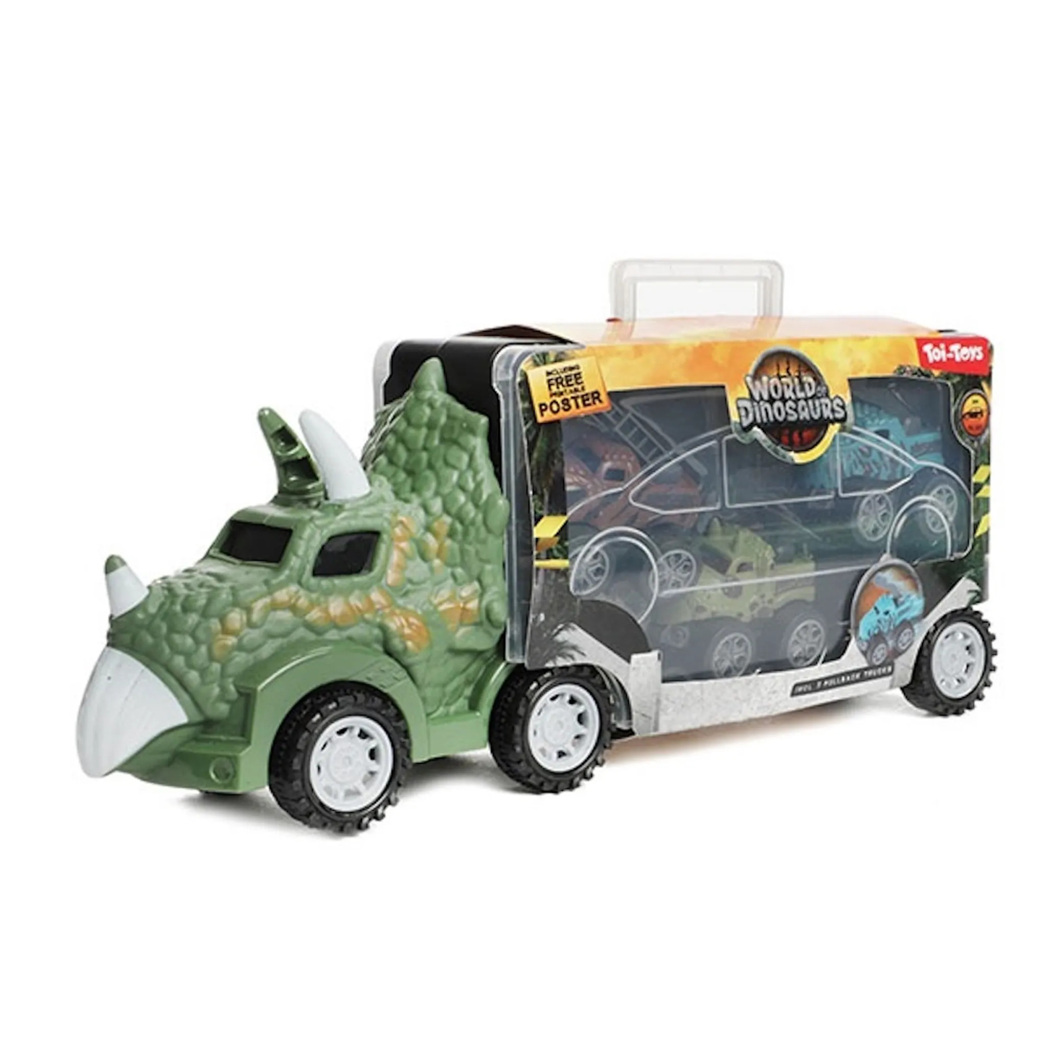Ein grüner Dinosaurier-Truck, der Spielzeug-Dinosaurier in einer durchsichtigen Kunststoffhülle transportiert.