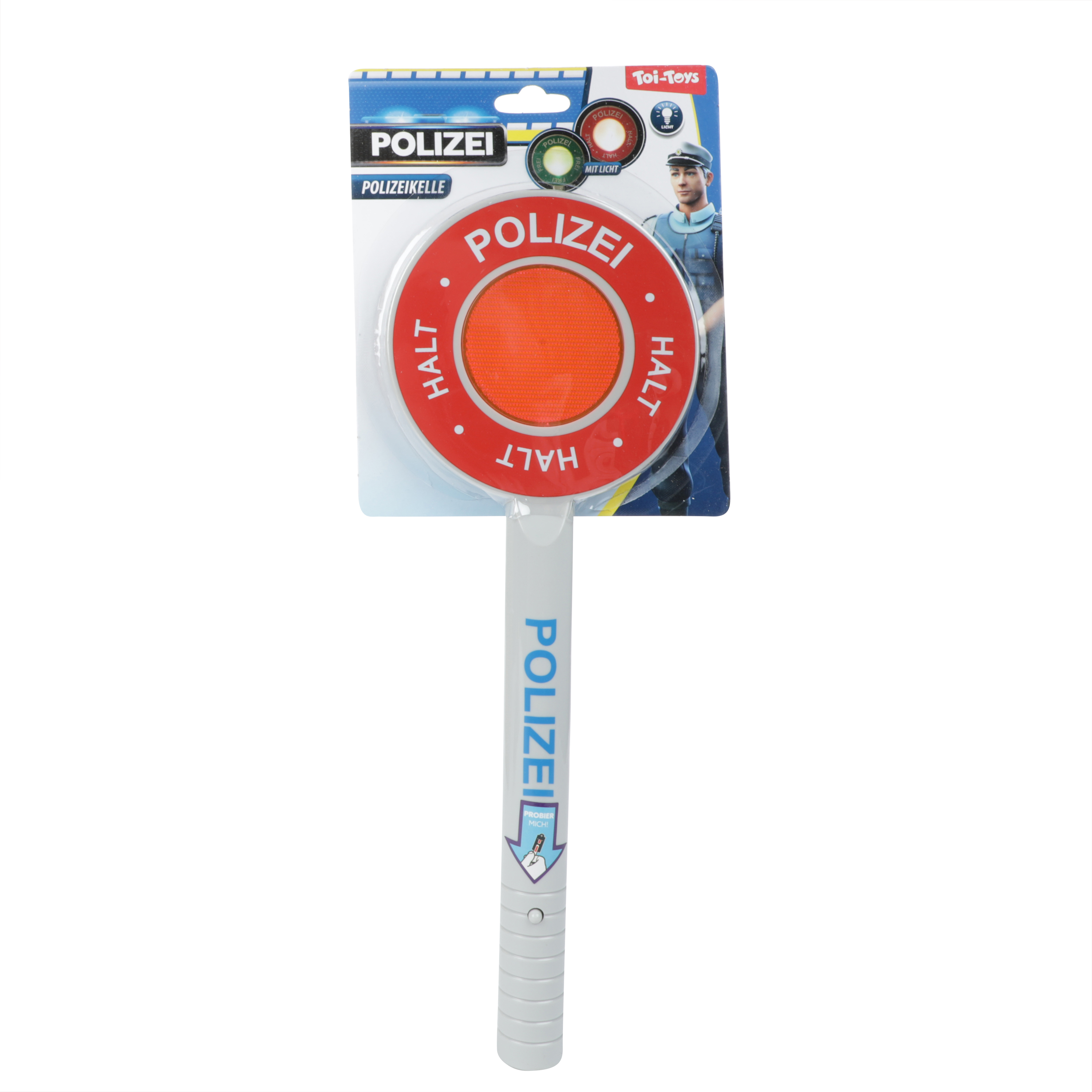 Ein Kinderspielzeug-Polizei-Stoppschild mit Griff und dem Wort 'POLIZEI'.