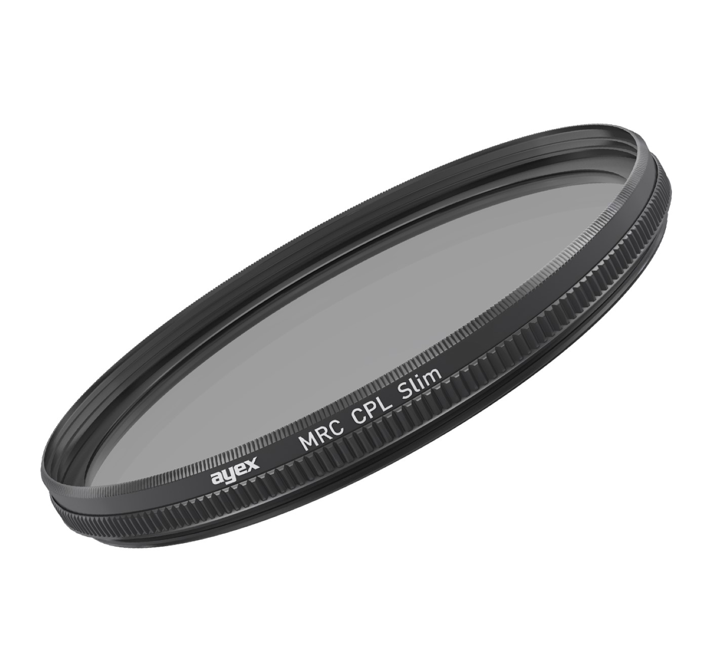 Ein kreisförmiger CPL-Slim-Filter. Schwarz, mit 'ayex' und 'MRC CPL Slim' beschriftet.