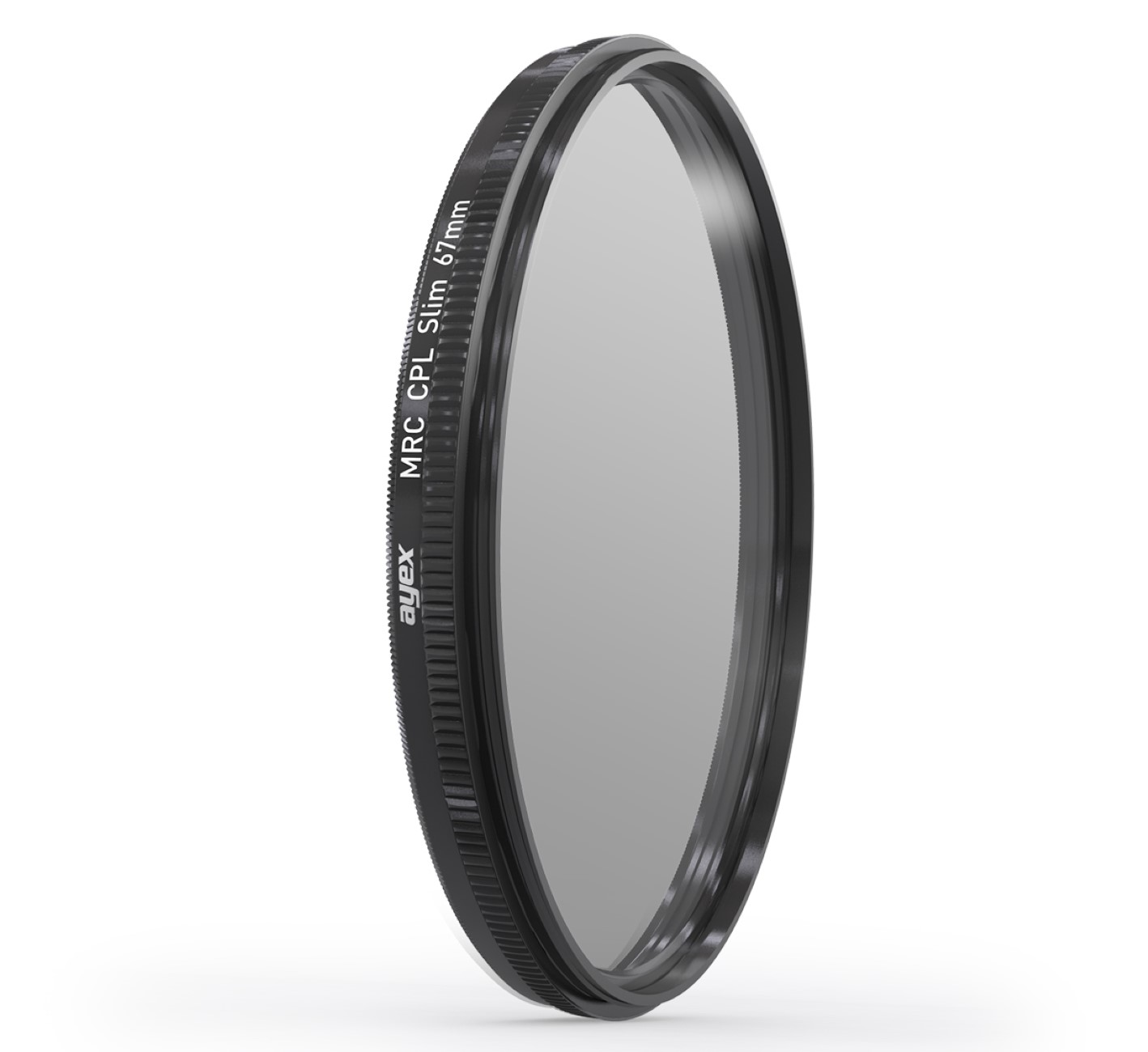 Schwarzer Kameraobjektivfilter mit Text. Kreisförmige Form, dunkles Glas.
