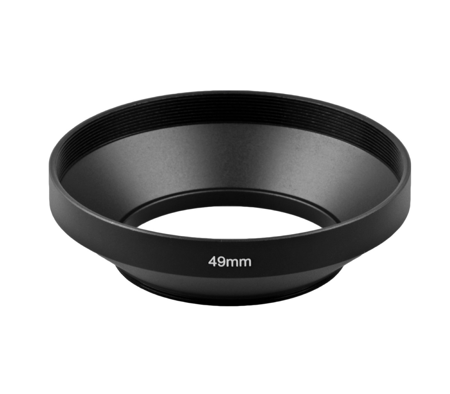 Eine schwarze Objektivsonnenblende, beschriftet mit 49 mm, mit kreisförmiger Öffnung.