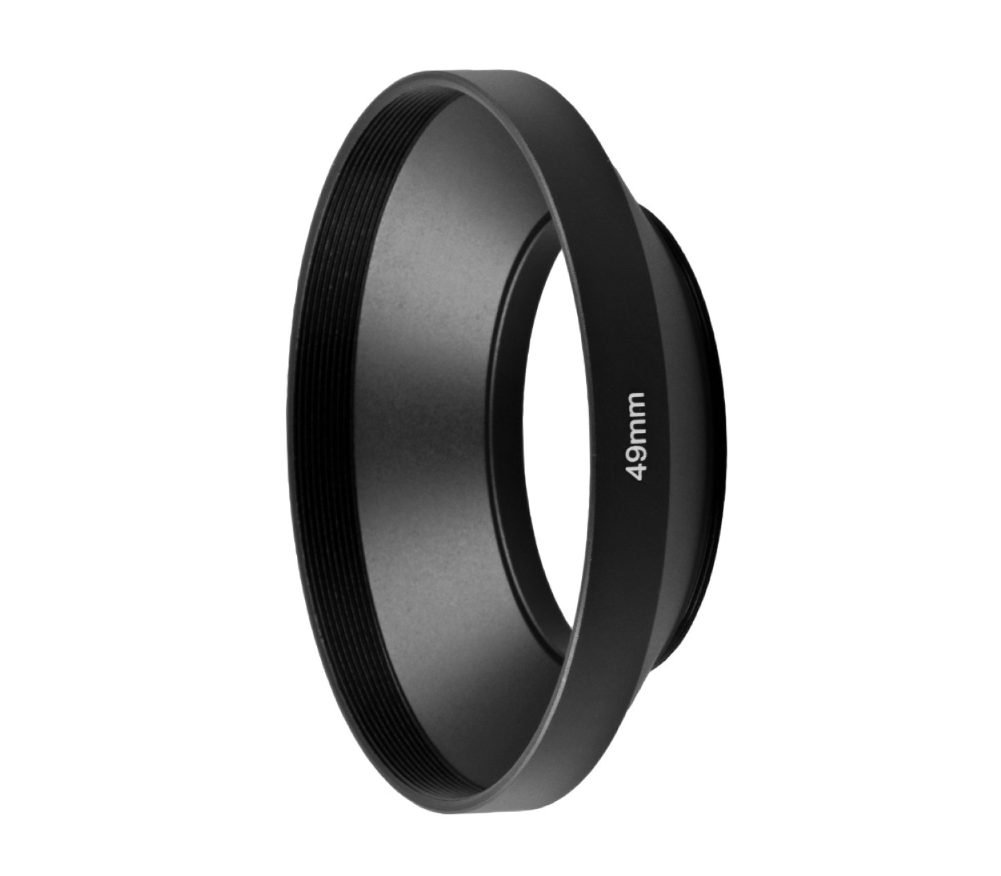 Schwarze Sonnenblende mit 49mm Text, weißer Hintergrund.