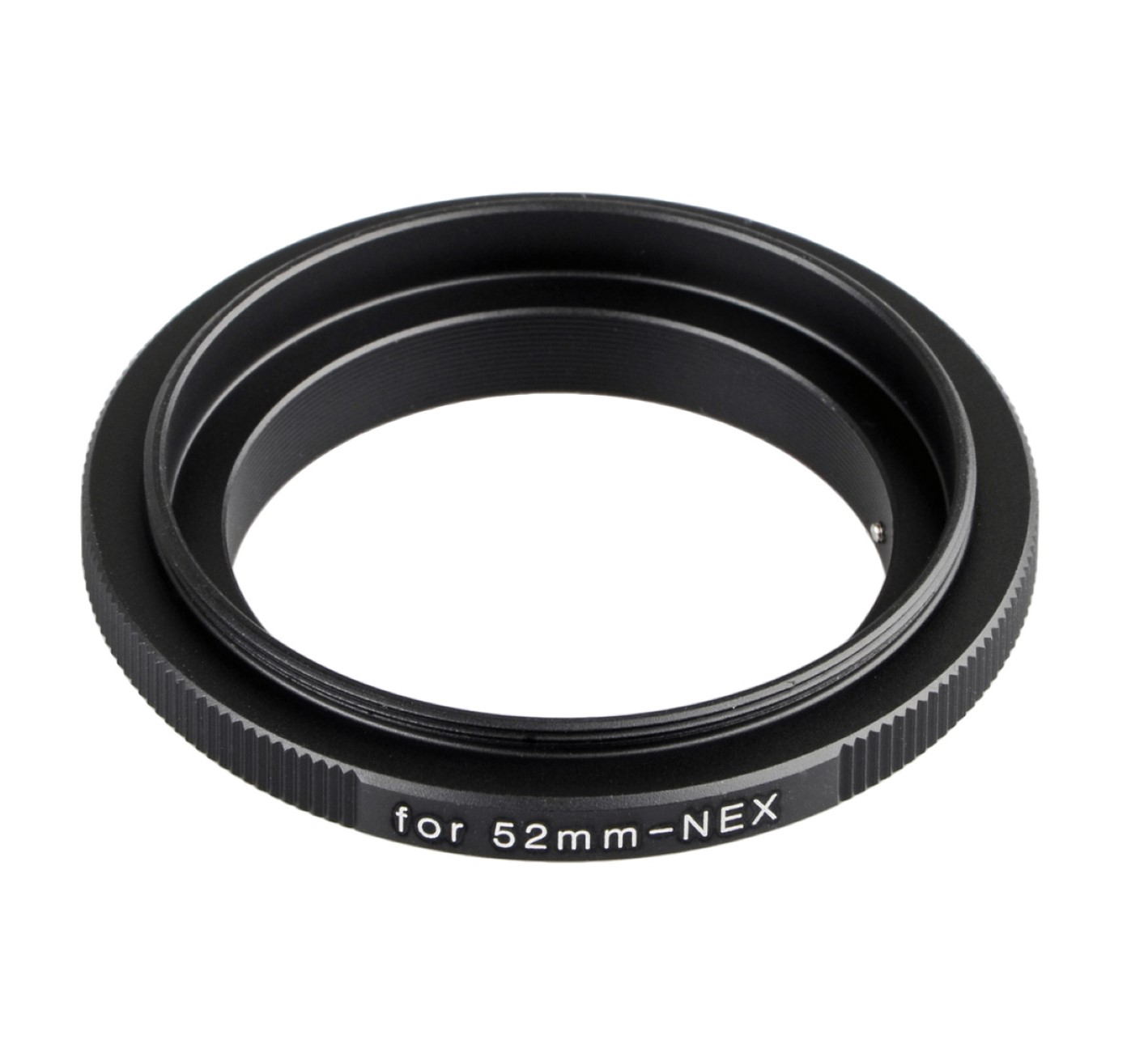 Schwarzer Objektivadapterring mit Text "for 52mm-NEX". Isoliert auf weißem Hintergrund.