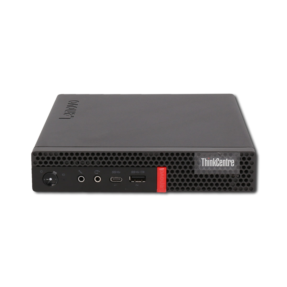 Ein schwarzer Lenovo ThinkCentre Desktop-Computer auf einer weißen Oberfläche.
