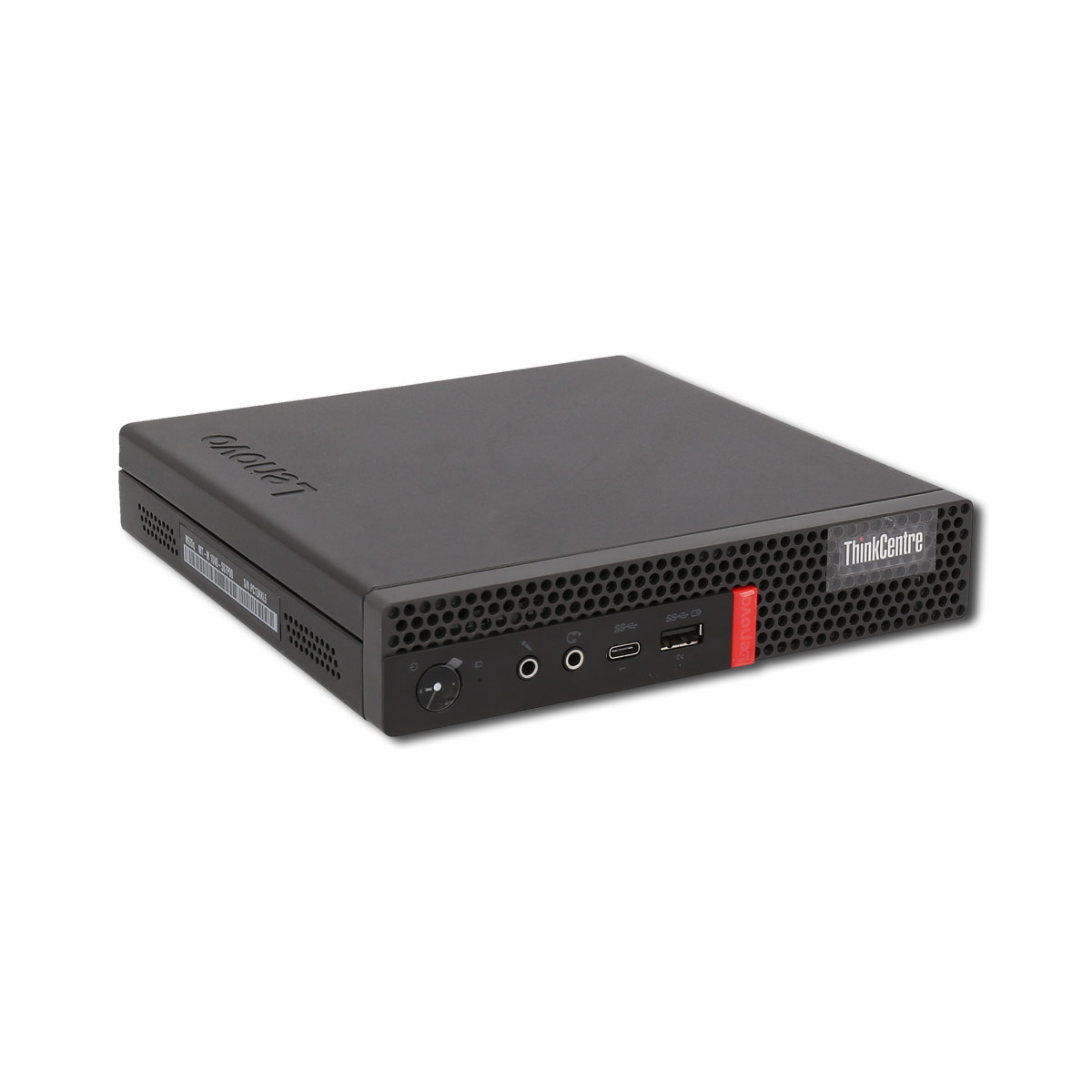 Ein schwarzer Lenovo ThinkCentre Desktop-Computer auf weißem Hintergrund. Es hat Anschlüsse vorne.