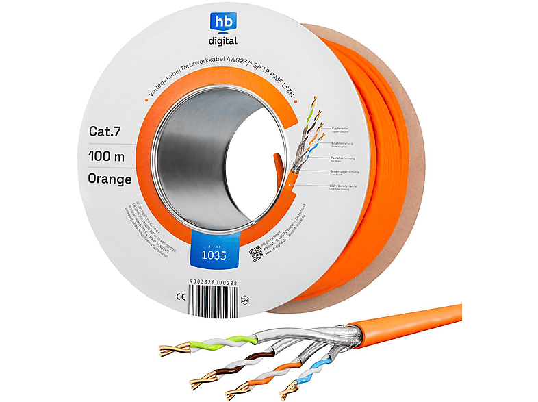 HB-DIGITAL CAT 7 Simplex S/FTP AWG23 LSZH, Netzwerkkabel, 100 m ...