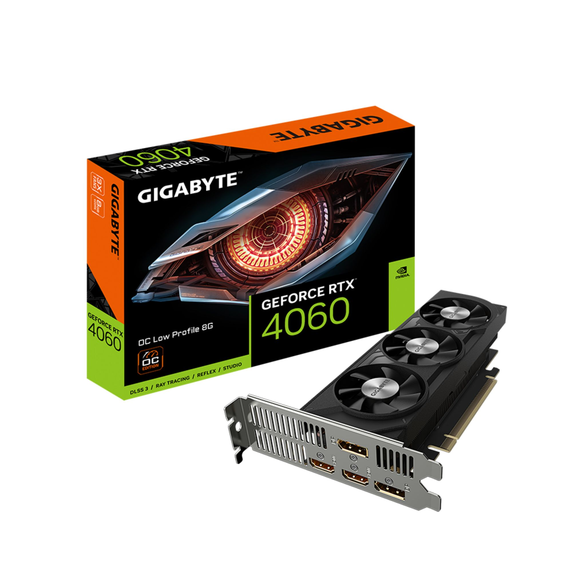 Una scheda grafica Gigabyte RTX 4060 e la sua scatola su una superficie bianca. La scatola è arancione e nera.