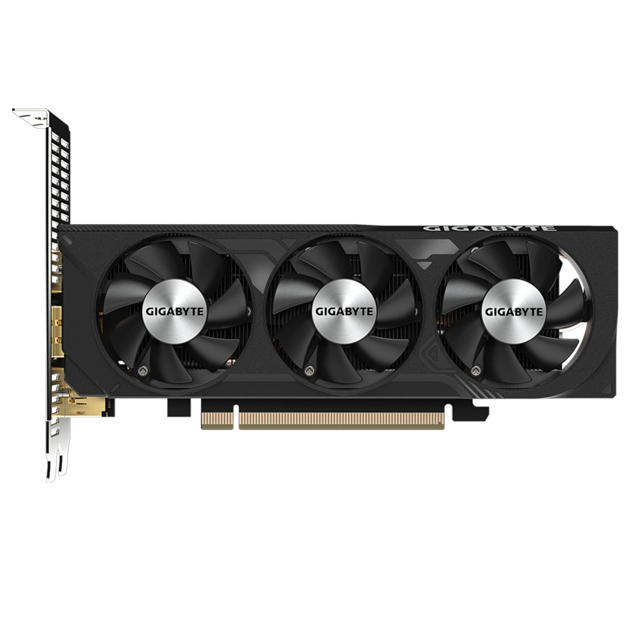 Una scheda grafica Gigabyte nera con tre ventole. Ha una staffa metallica e connettori dorati.