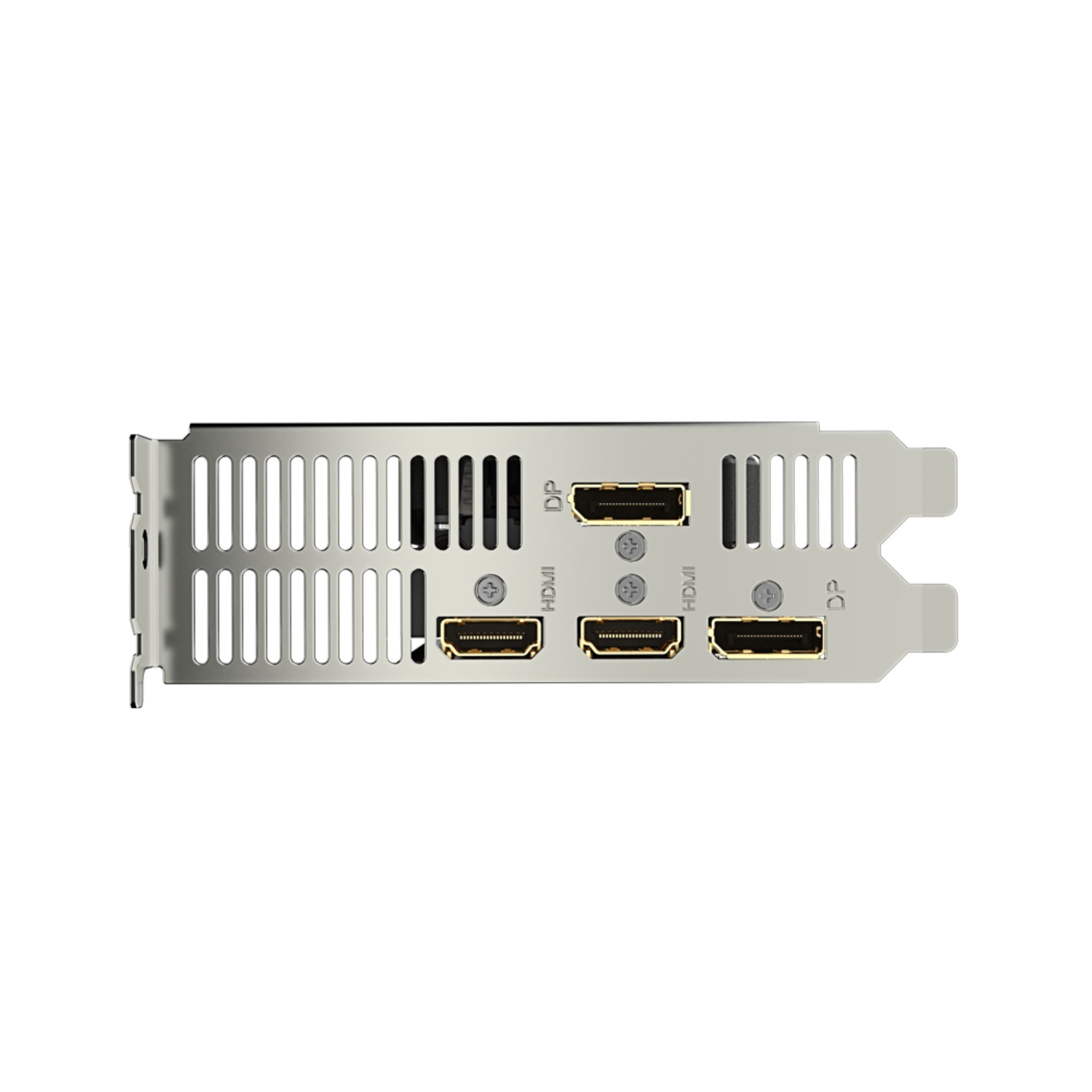 Una scheda grafica argentata con più porte, tra cui HDMI e DP, su uno sfondo bianco.