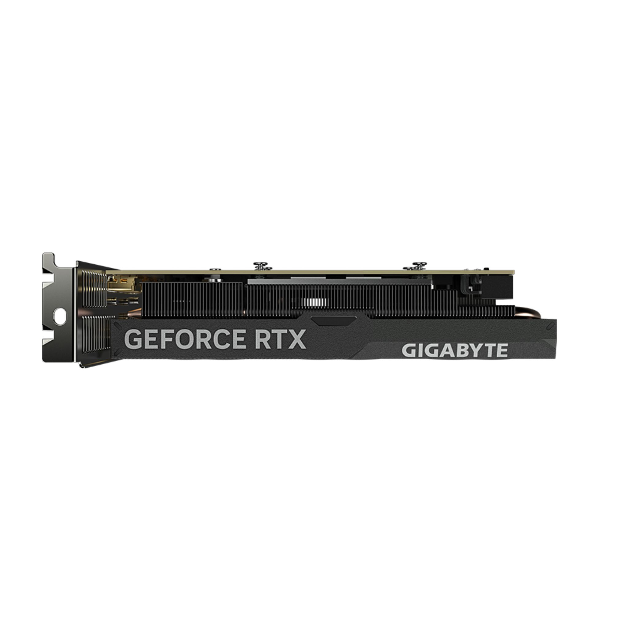 Una scheda grafica Gigabyte GeForce RTX su sfondo bianco.