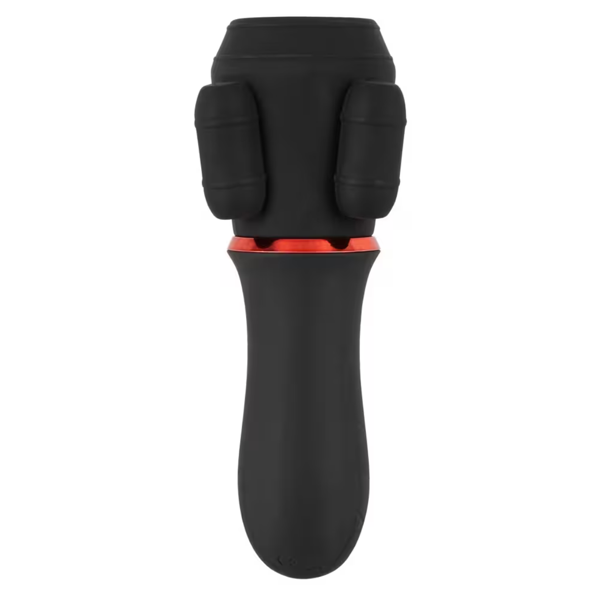 Schwarzer Vibrator mit roten Akzenten. Er ist zylindrisch mit zwei seitlichen Ausbuchtungen und einem abgerundeten Ende.