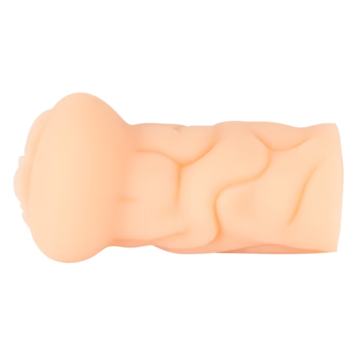 Ein fleischfarbenes, phallusförmiges Sexspielzeug vor weißem Hintergrund. Es hat eine strukturierte Oberfläche mit Rippen und einem bauchigen Kopf.