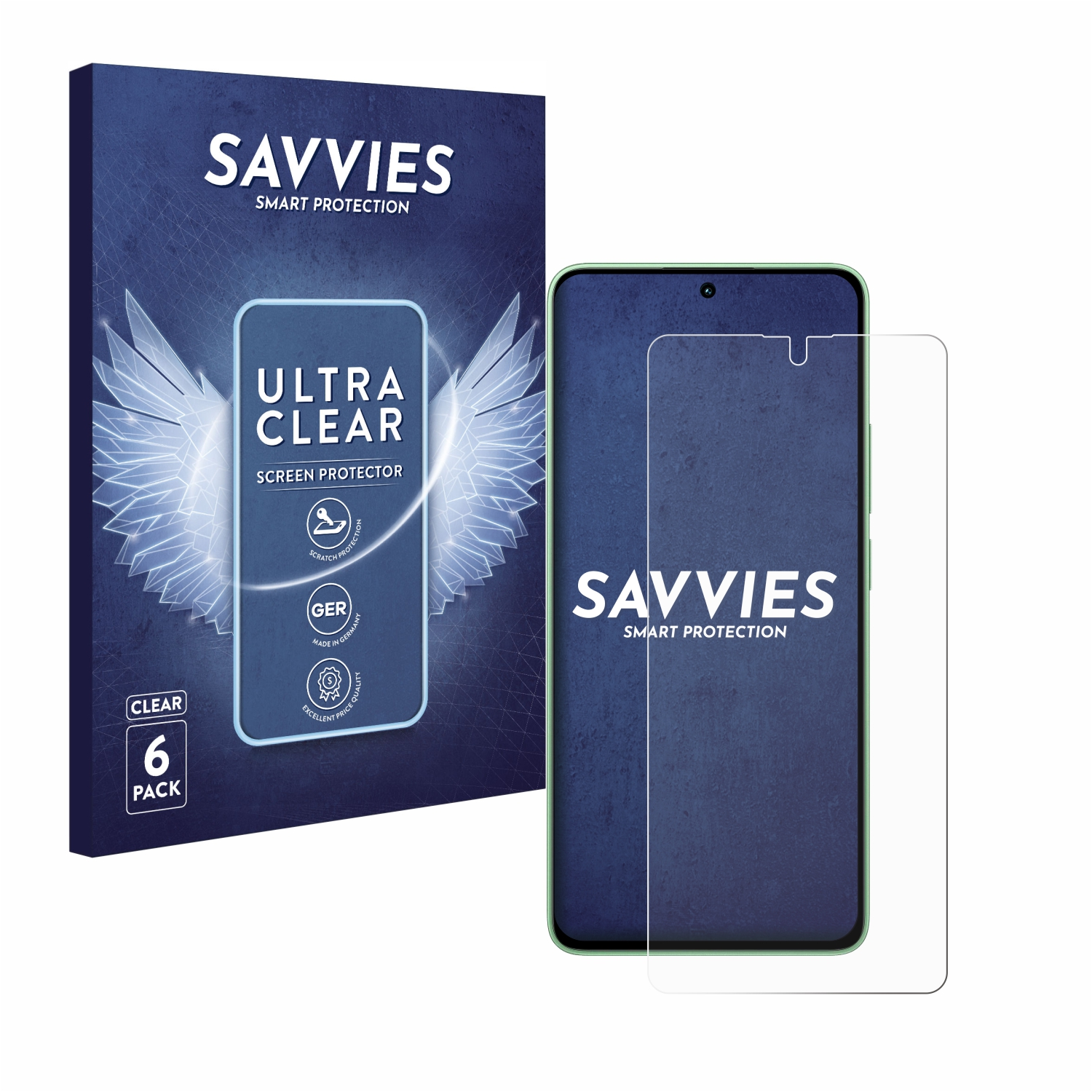 Displayschutzfolienbox mit Telefon und Displayschutzfolie. Klare Displayschutzfolie. Weißer Hintergrund.