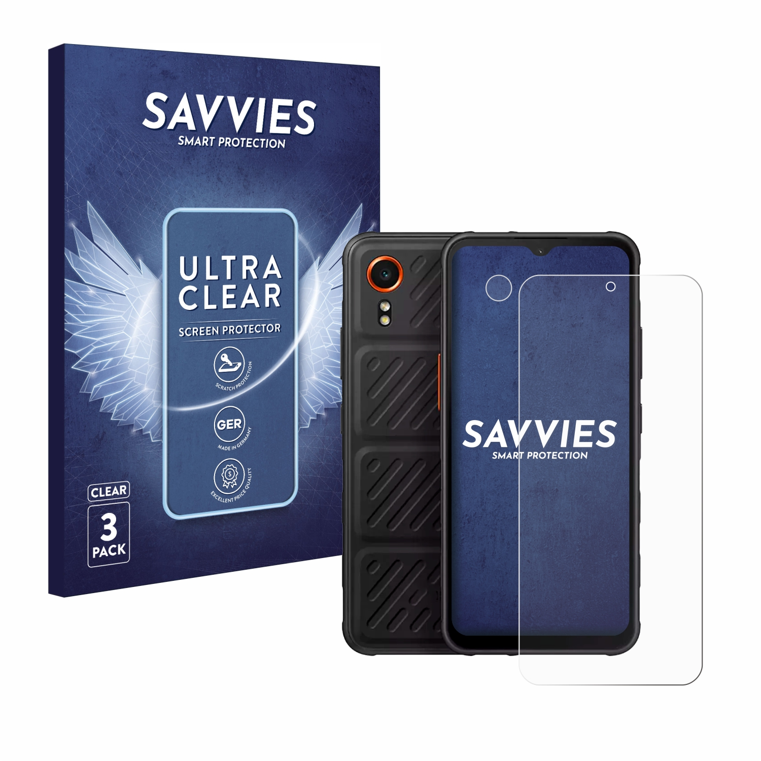Das Bild zeigt ein Telefon, eine Displayschutzfolie und eine Box. Auf der Box steht 'Ultra Clear Screen Protector'.