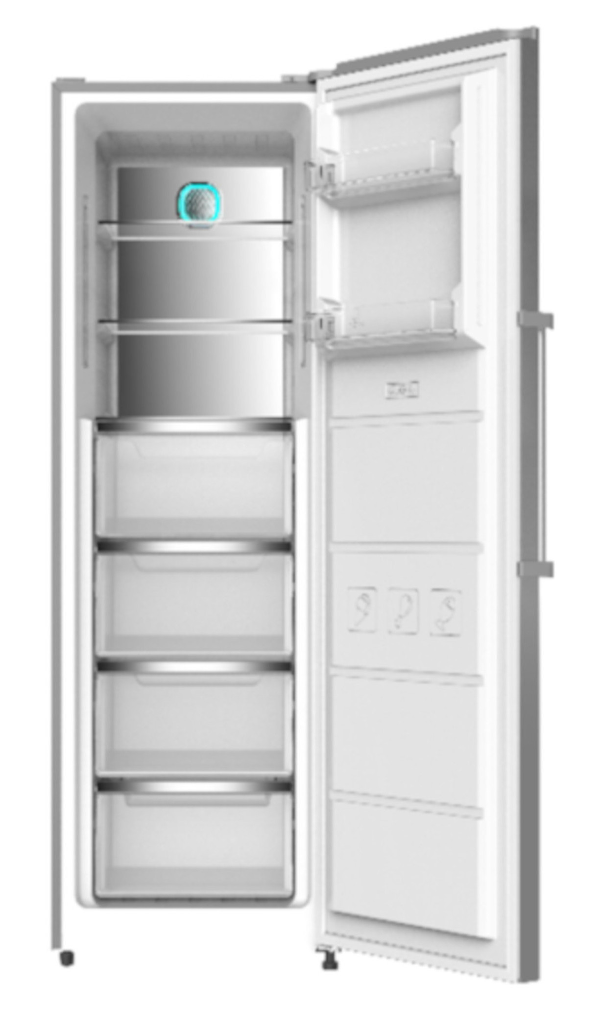 Ein offener Kühlschrank mit Schubladen und Regalen. Der Innenraum ist weiß.