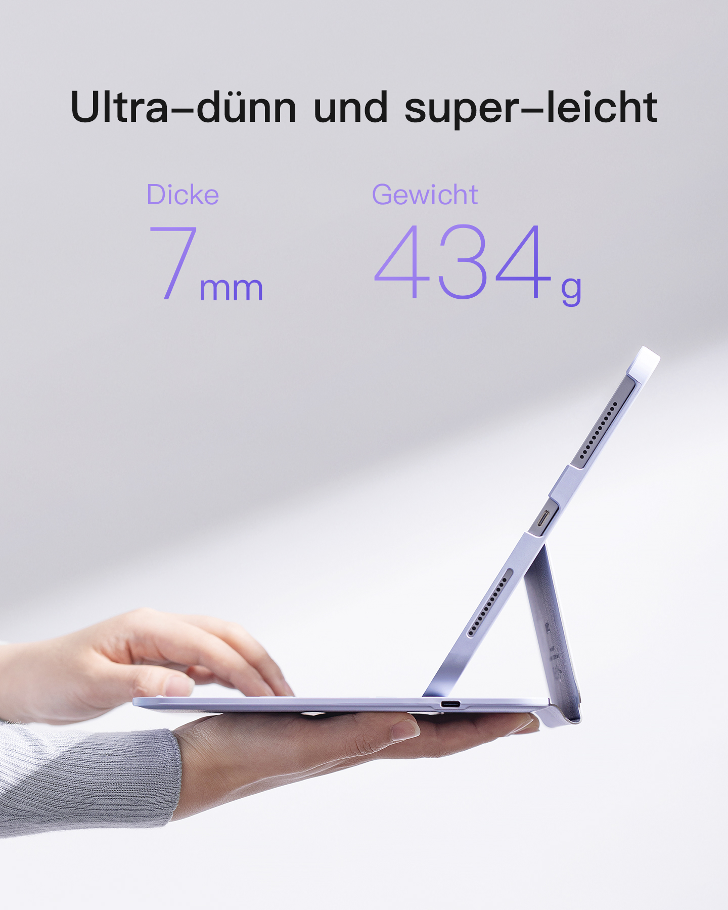 Tablet mit Tastaturhülle, Lavendelfarbe. Text zeigt 7mm Dicke, 434g Gewicht.