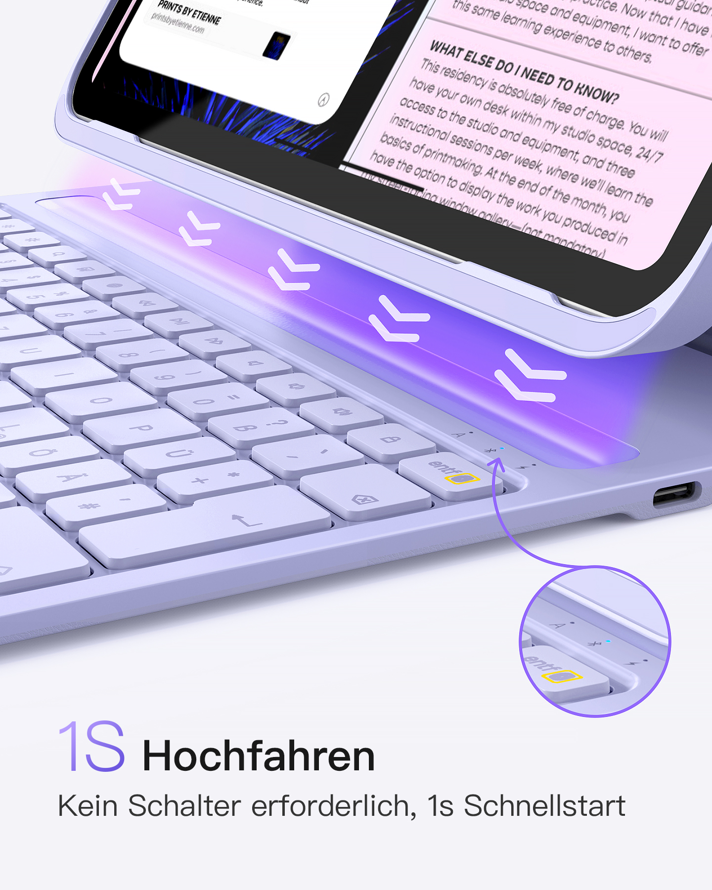 Eine hellviolette Tastatur mit weißer Tastatur und hervorgehobener Eingabetaste.