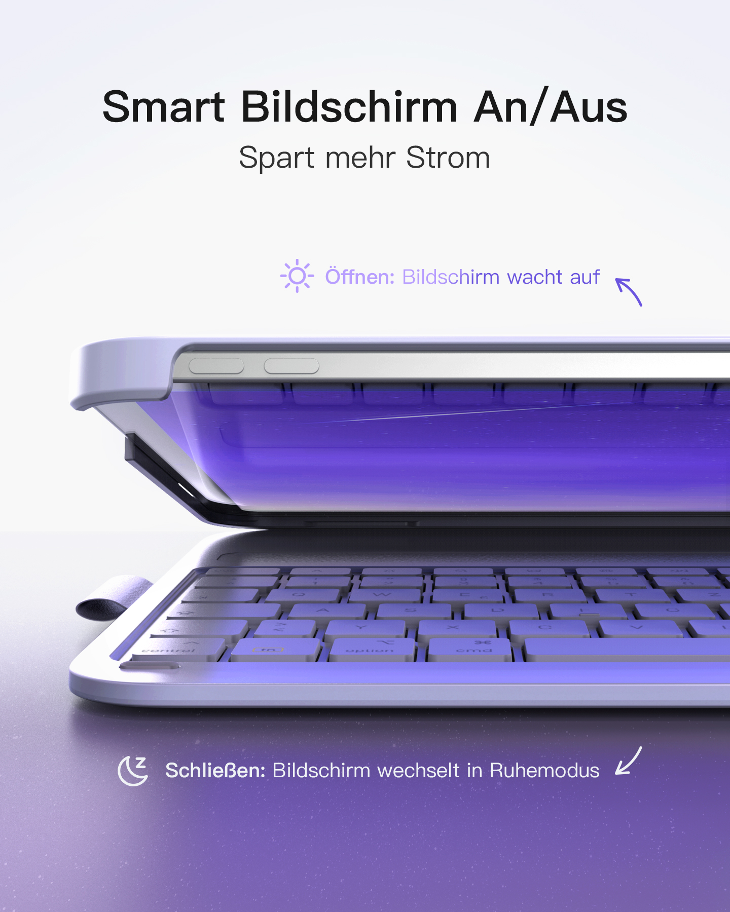 Eine Tablet-Tastaturhülle mit lila Innenraum und Tastatur.