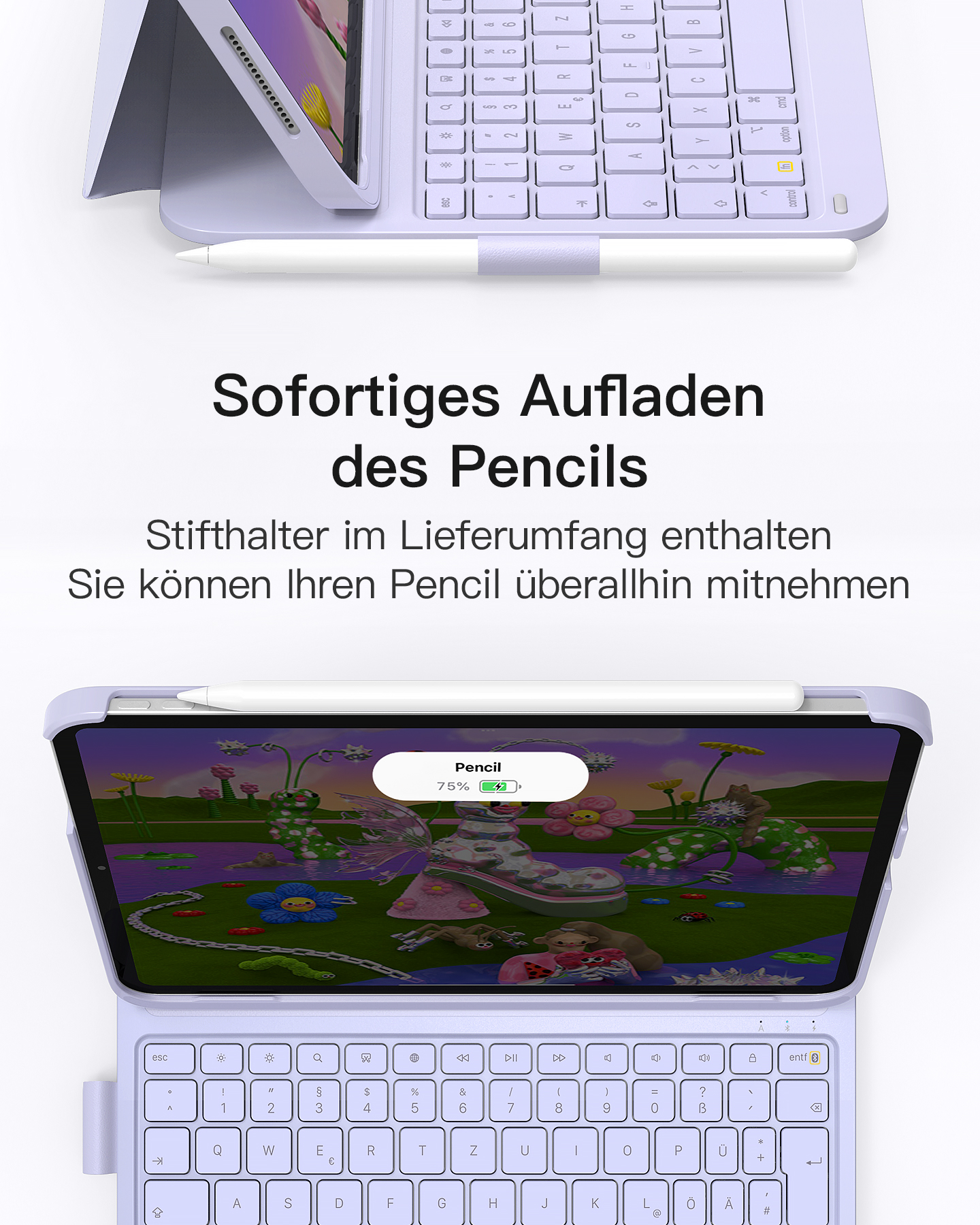 Ein lila Tablet mit Tastatur und Stift. Das Tablet zeigt ein Bild einer Zeichentrickszene.