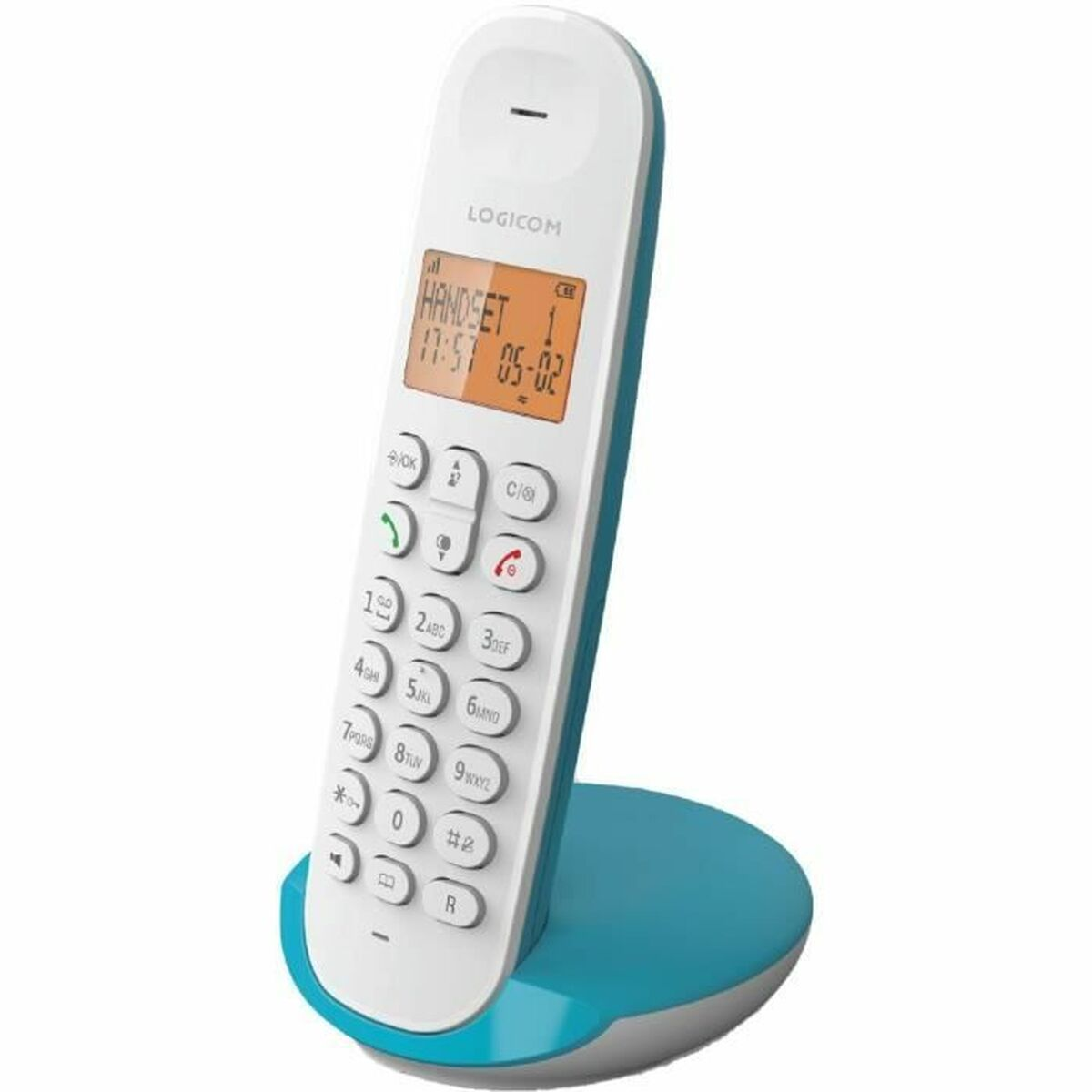 Weißes und blaues schnurloses Telefon auf einem Ständer. Es hat einen Bildschirm und Tasten.