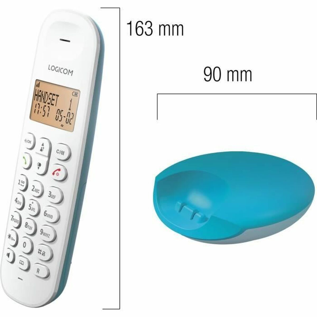 Ein weißes schnurloses Telefon mit Bildschirm und eine blaue Ladestation, mit Maßangaben.