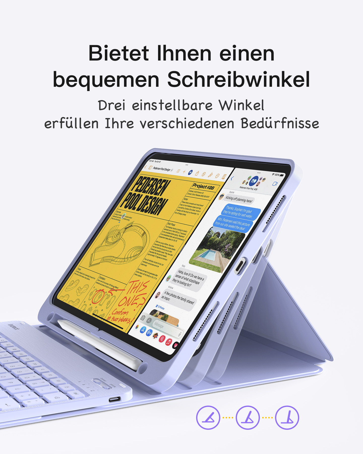 Tablet mit Tastaturhülle. Das Tablet steht auf einem Ständer. Text auf Deutsch.