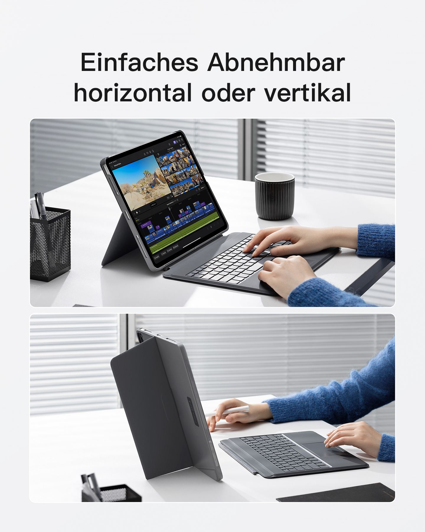 Tablet mit Tastatur und Stift auf dem Schreibtisch. Oben: Tablet mit Videobearbeitung. Unten: nur Tablet und Tastatur.