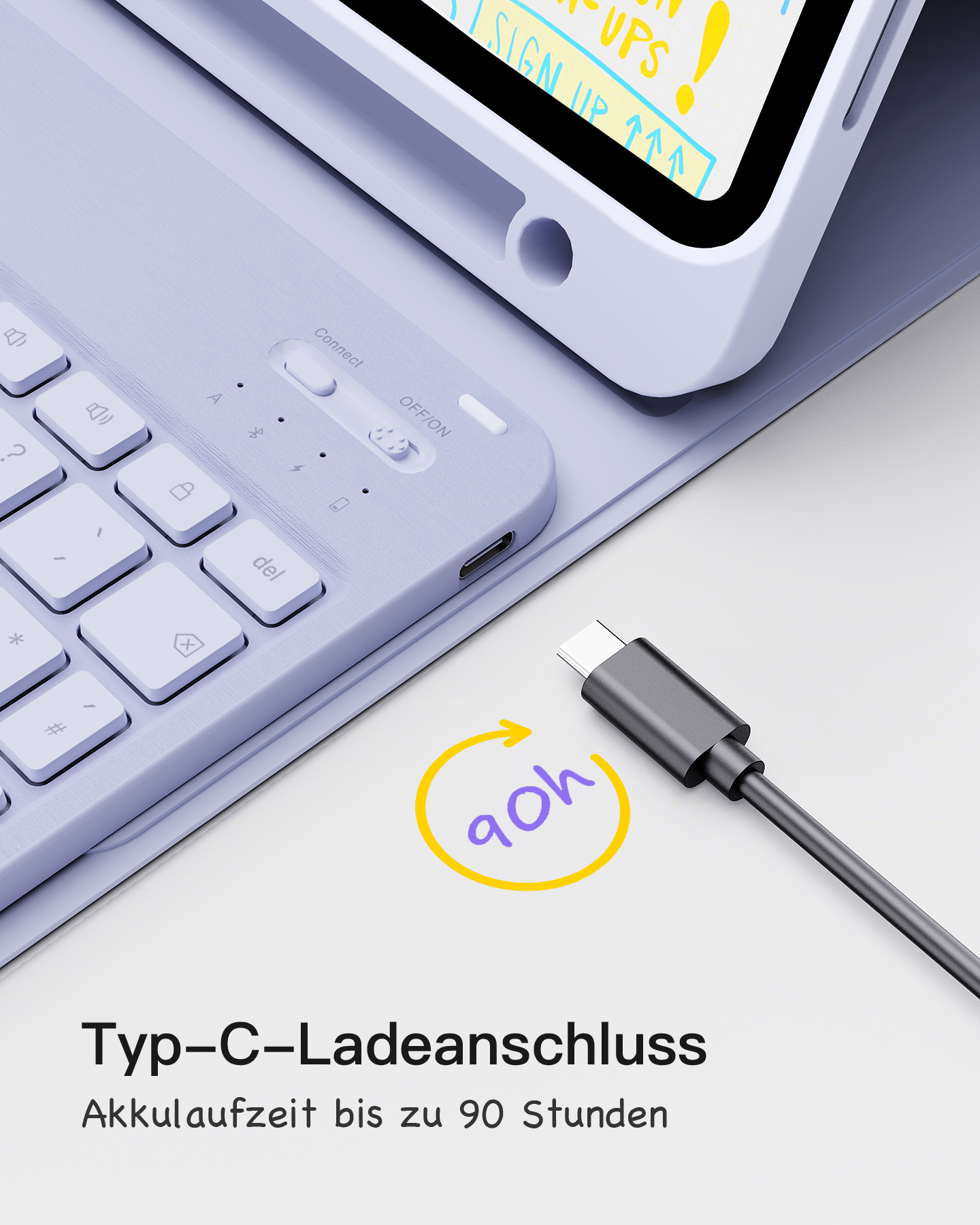 Eine lila Tastaturhülle mit Typ-C-Ladeanschluss und Ladekabel. Text: 90h Akkulaufzeit.