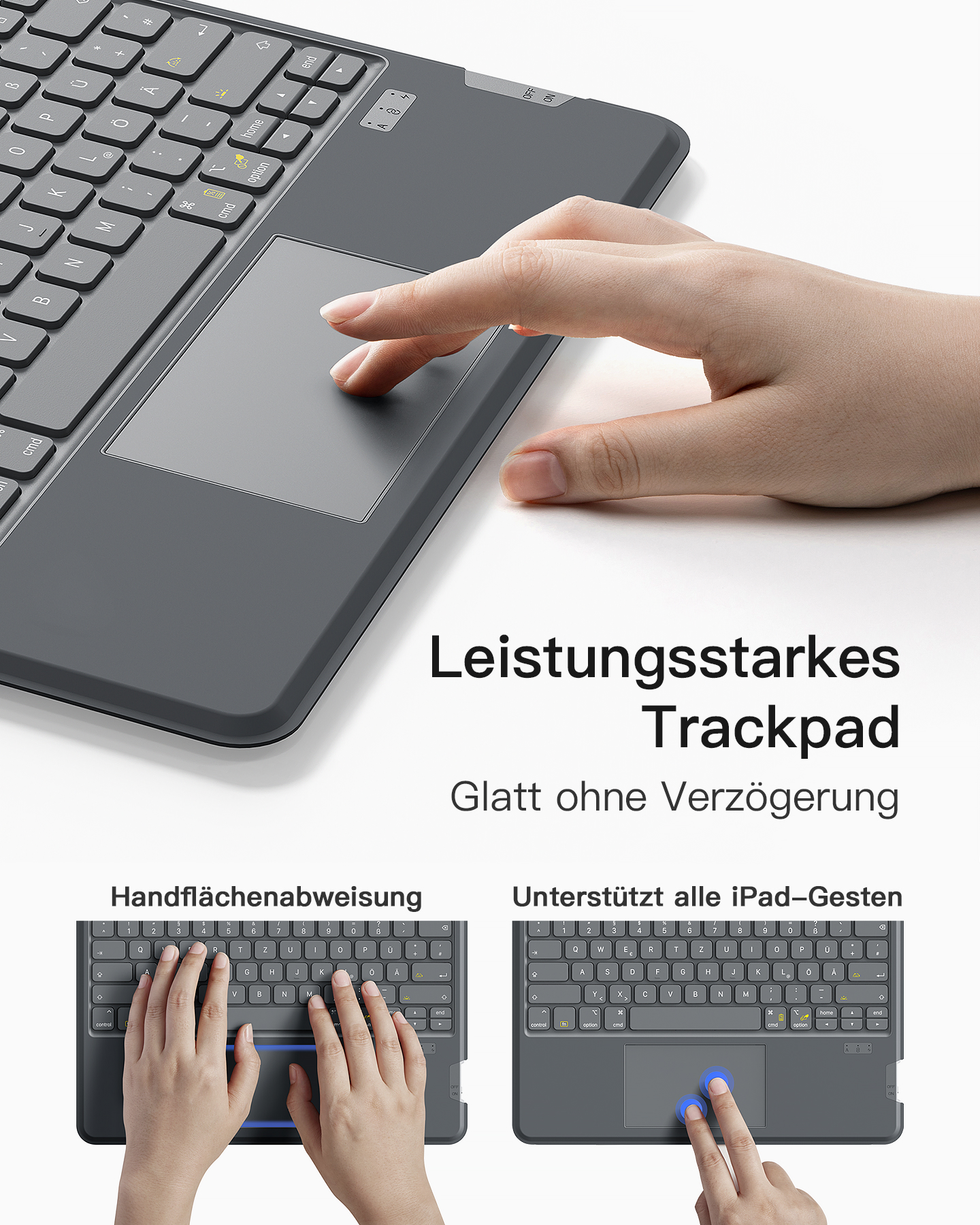 Graue Tastatur mit Touchpad. Der Bildschirm zeigt Tastatur- und Touchgesten.