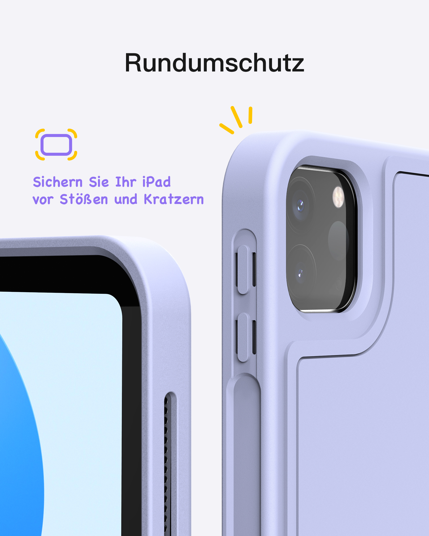 Nahaufnahme einer lavendelfarbenen iPad-Hülle. Die Hülle befindet sich auf weißem Hintergrund.