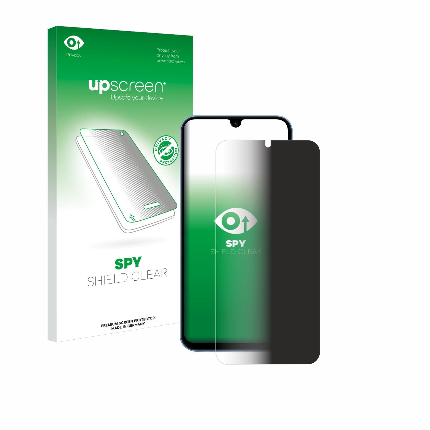 Ein Smartphone mit einem Datenschutz-Displayschutz neben einer Box, mit einem transparenten Bildschirm.