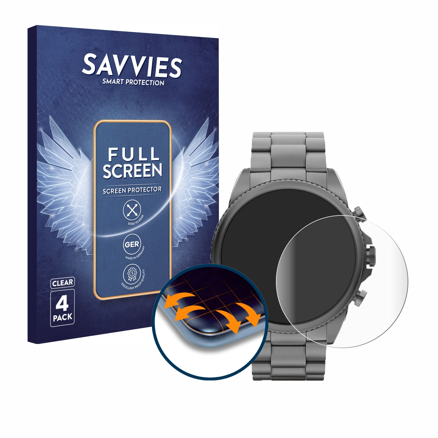 Eine Smartwatch und ein Displayschutz werden gezeigt. Auf der Box steht 'Full Screen Screen Protector'.