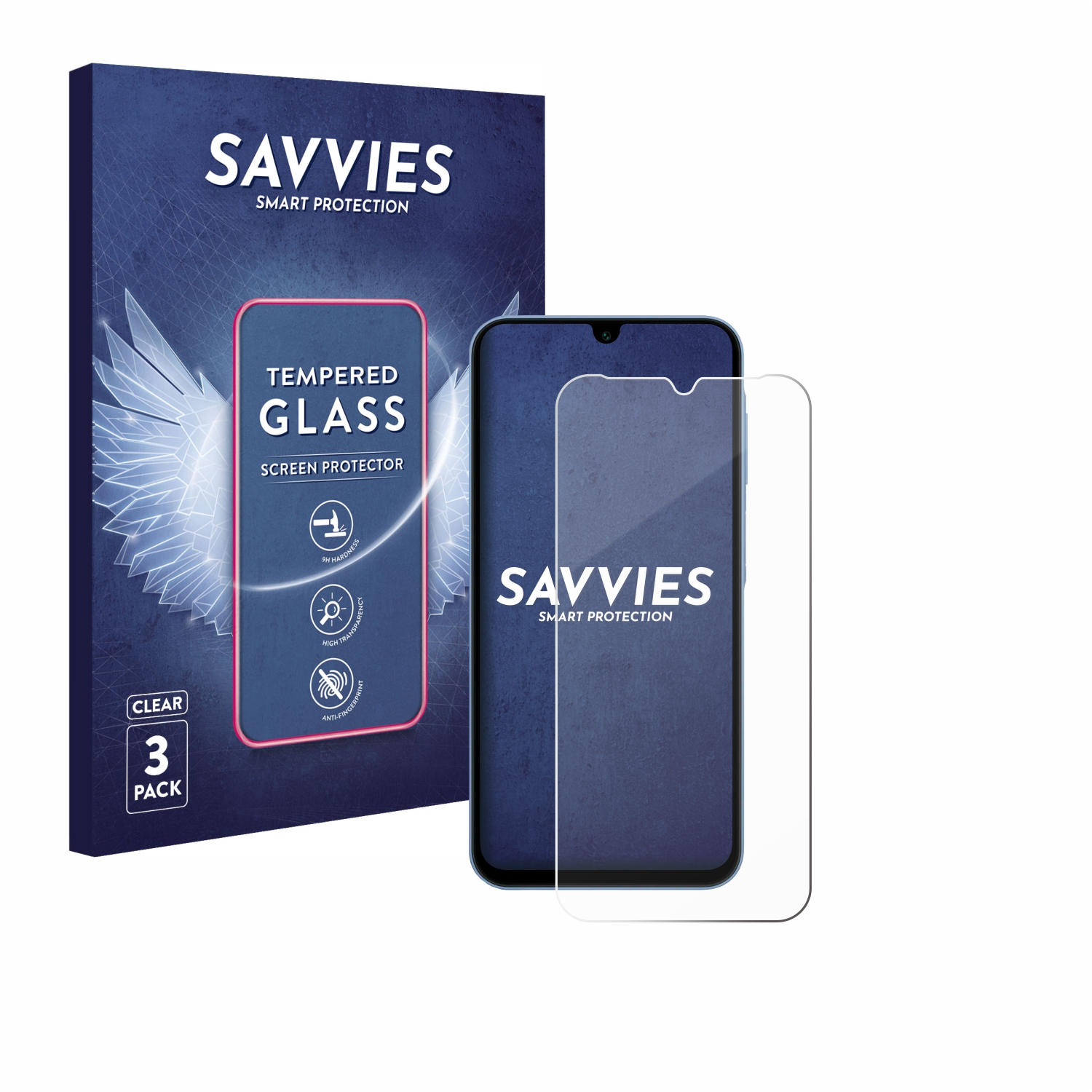Blaue Schachtel und Displayschutzfolie. Ein schwarzes Telefon mit Schutzfolie rechts.