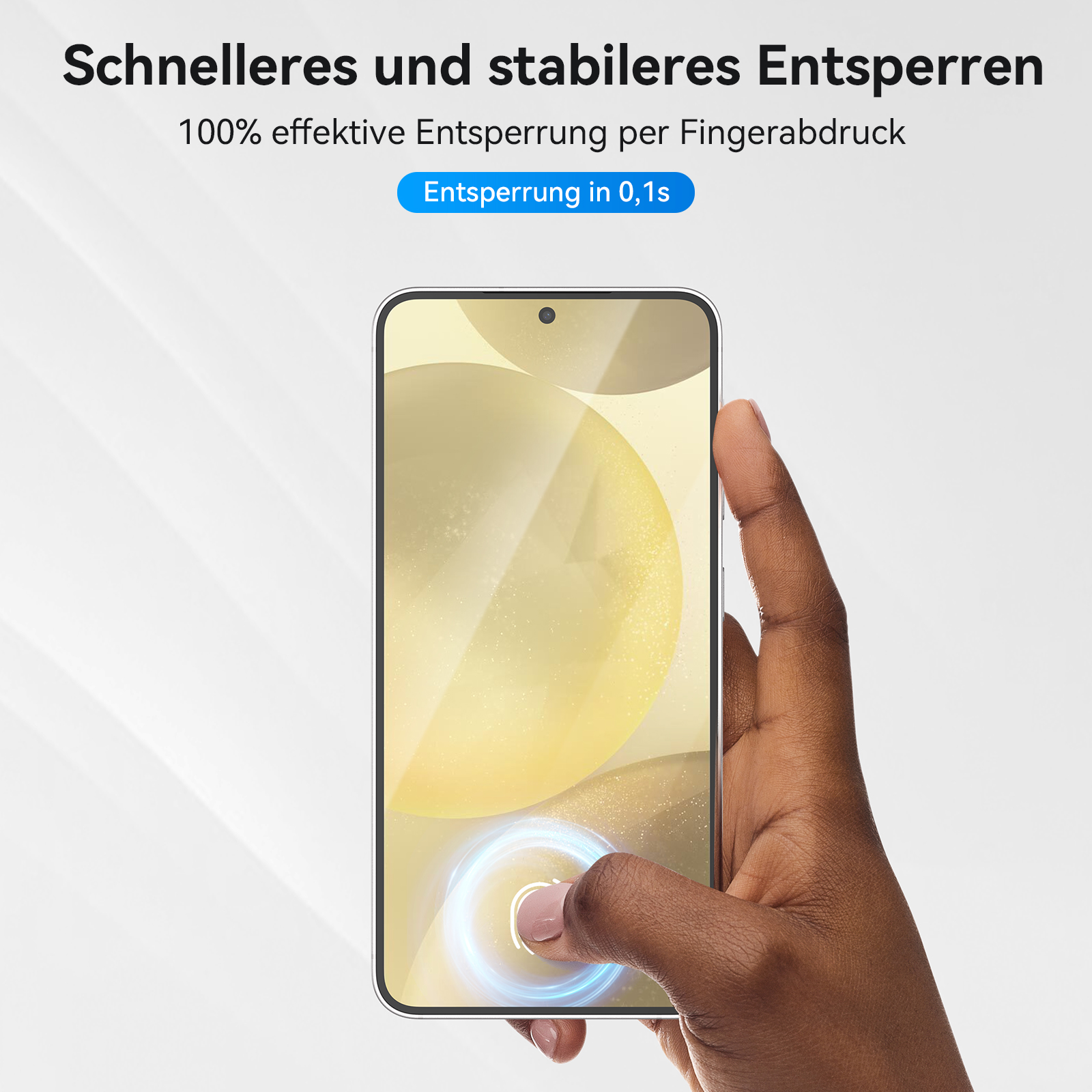 Hand berührt einen Telefonbildschirm mit dem Text "Schnelleres und stabileres Entsperren" darauf.