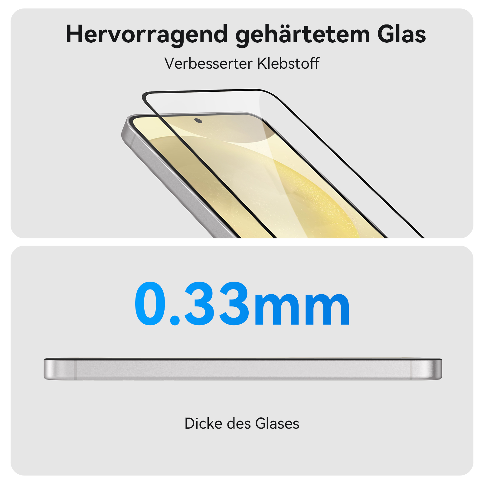 Diagramm eines Displayschutzglases mit Text und Telefonumriss, das eine Dicke von 0,33 mm und die Verpackung zeigt.