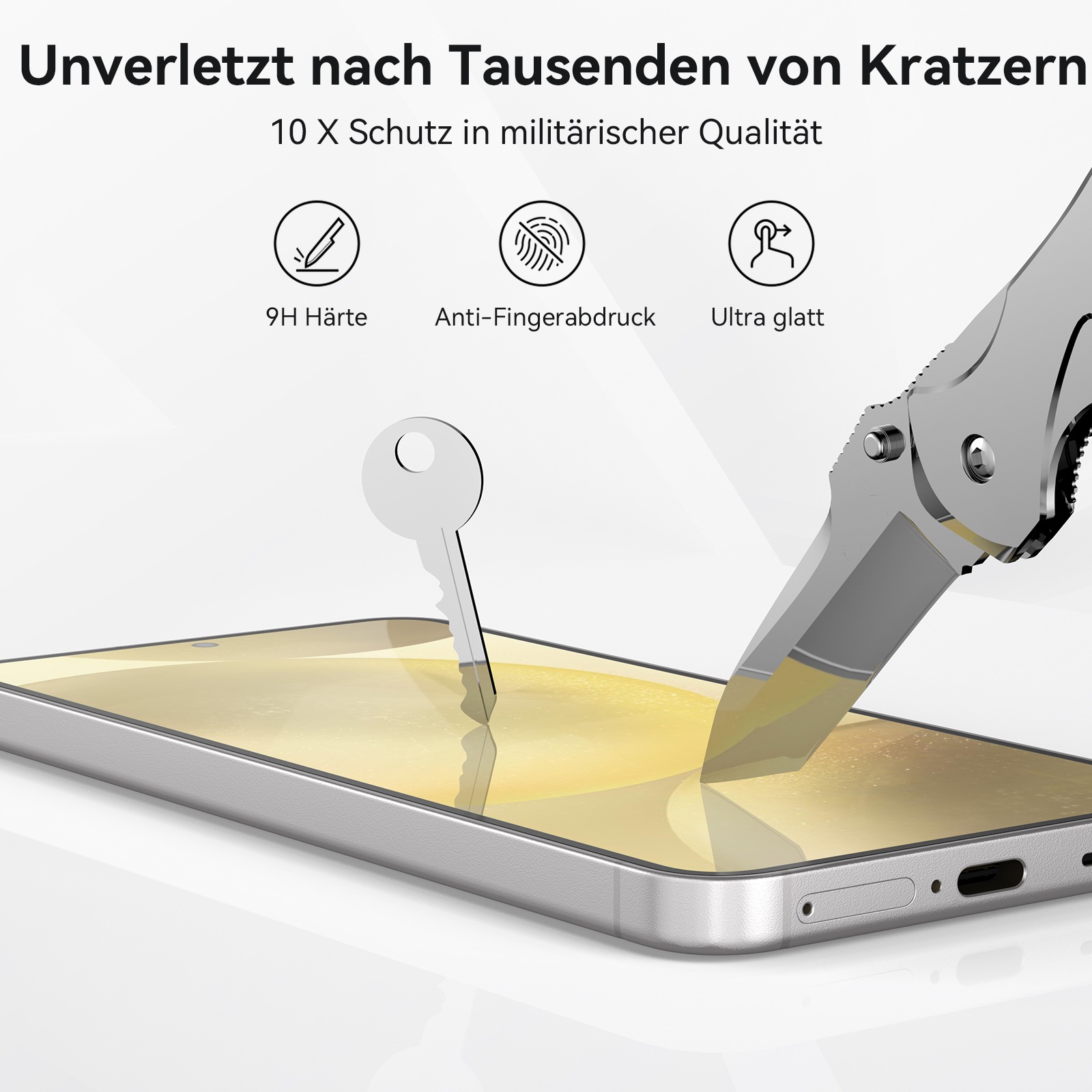 Displayschutzfolie wird mit einem Messer getestet. Schlüssel und Text im Hintergrund.