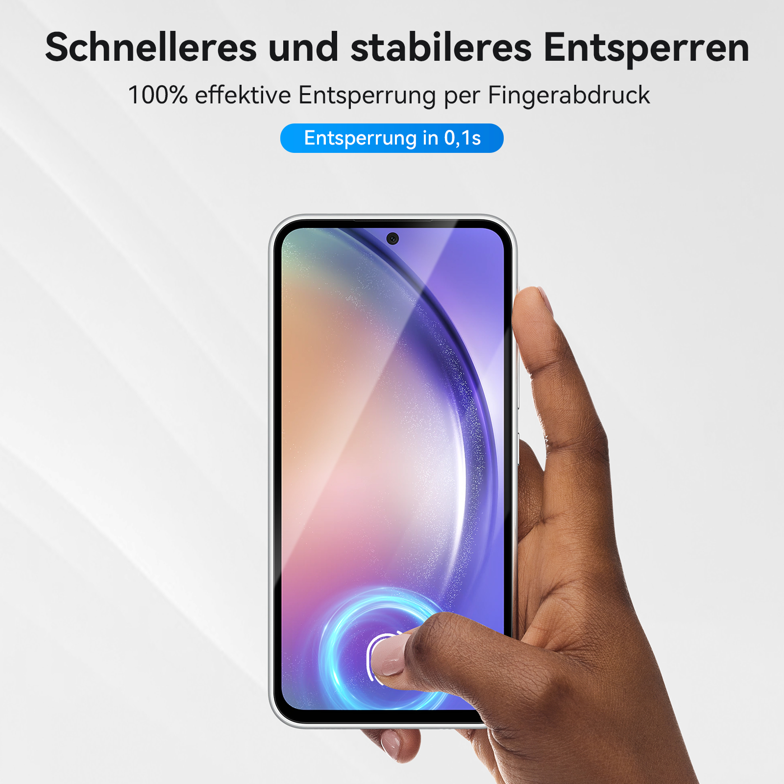 Eine Hand entsperrt ein Telefon per Fingerabdruck. Text: Schnelleres und stabiles Entsperren in 0,1s. Hintergrund: Weiß.