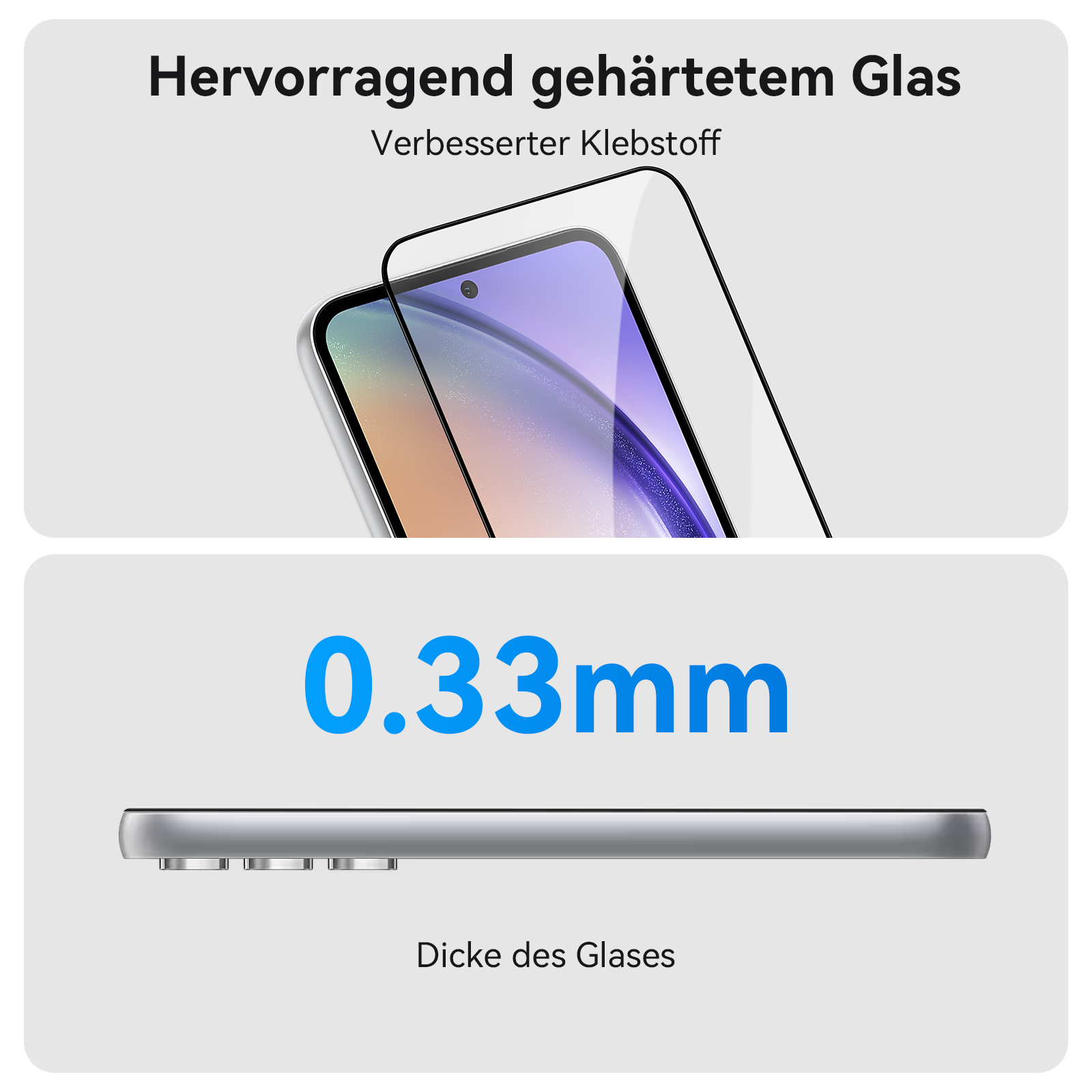 Telefonschutzfolie. Der Schutz ist klar. Es befindet sich auf einem Telefon und hat Text und eine Grafik zur Dicke.